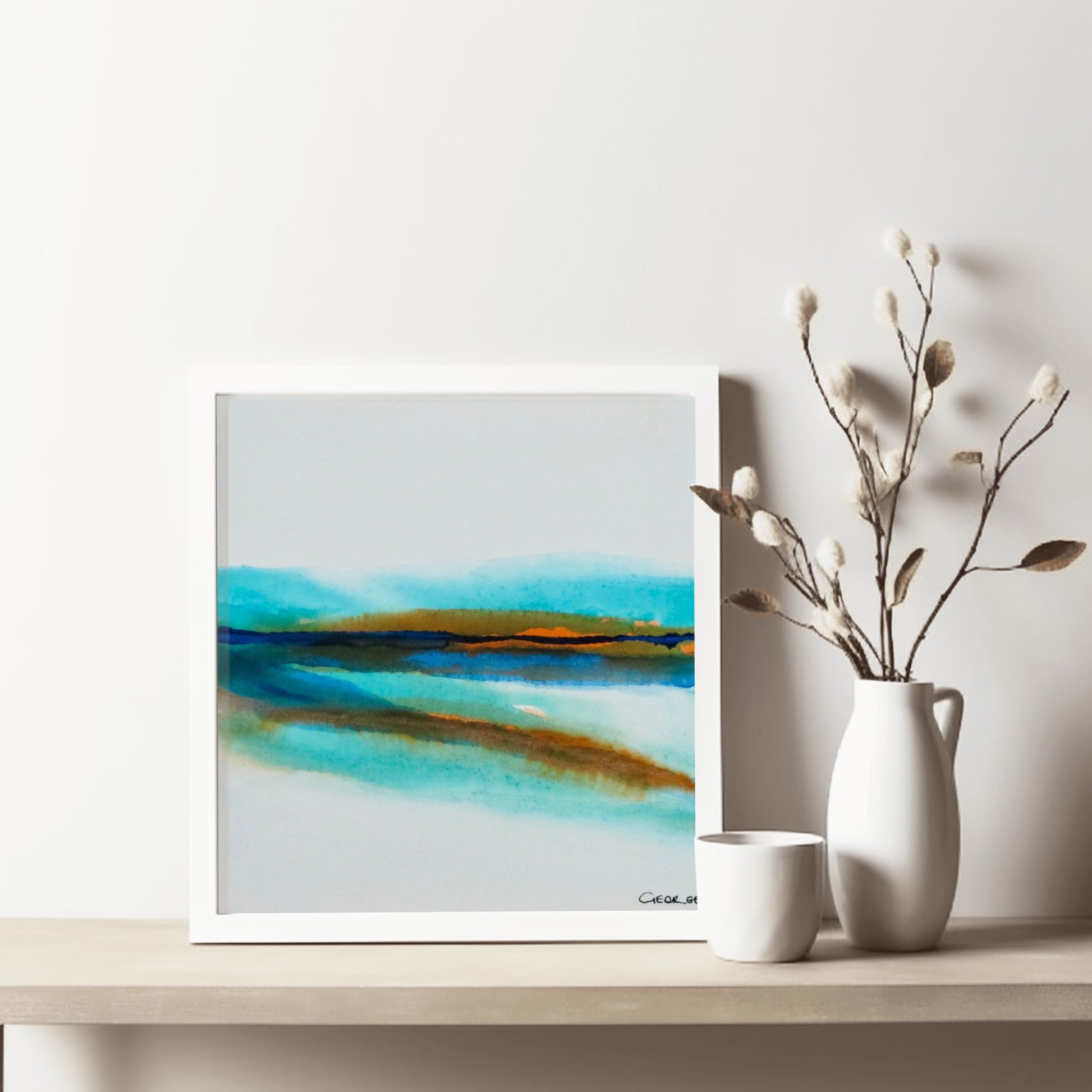 Abstract acrylic ink painting with flowing turquoise, brown, and blue tones evoking shallow water reflections