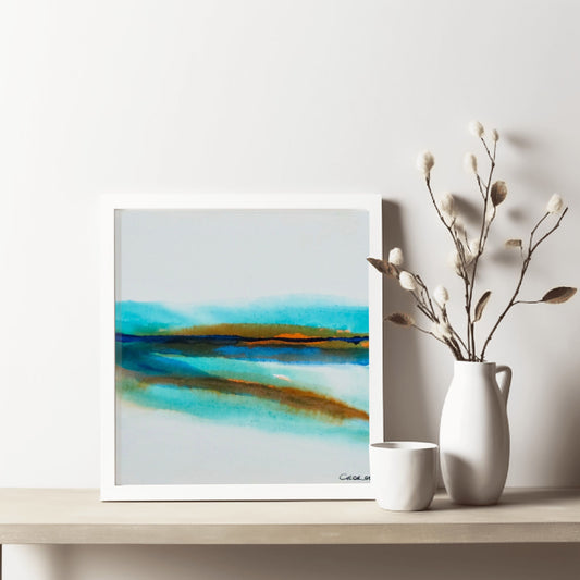 Abstract acrylic ink painting with flowing turquoise, brown, and blue tones evoking shallow water reflections