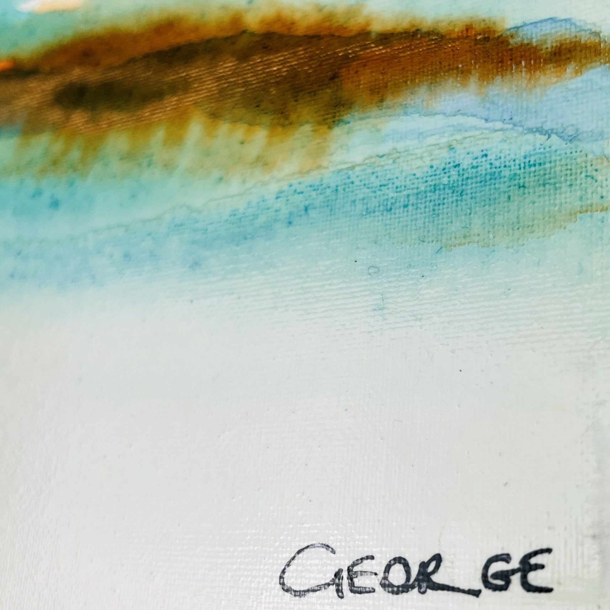 Abstract acrylic ink painting with flowing turquoise, brown, and blue tones evoking shallow water reflections
