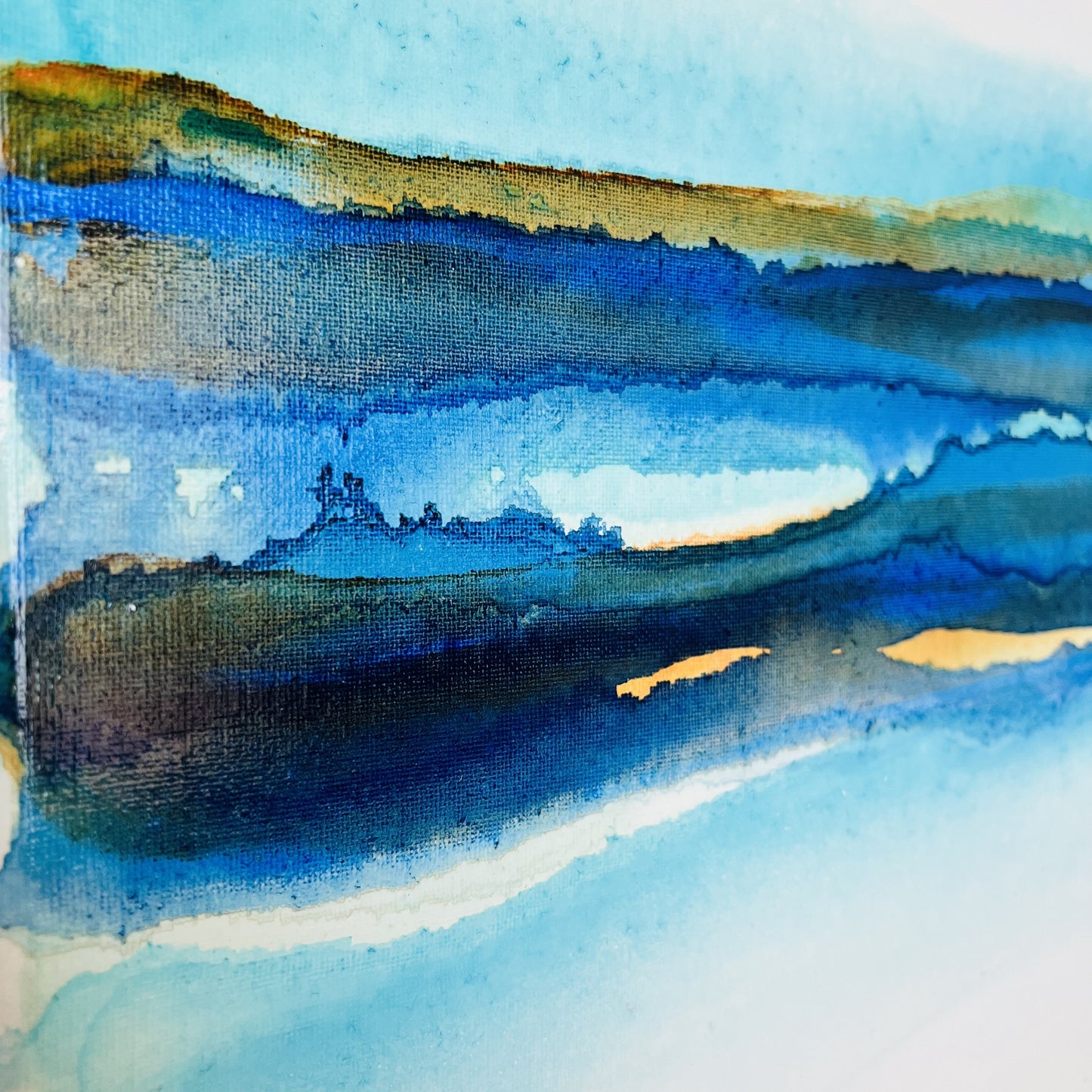 Abstract seascape painting in acrylic ink by Charlotte George, featuring fluid bands of turquoise, deep blue, and golden brown tones, evoking a serene horizon above shallow coastal waters. Titled ‘Shallow Waters VIII