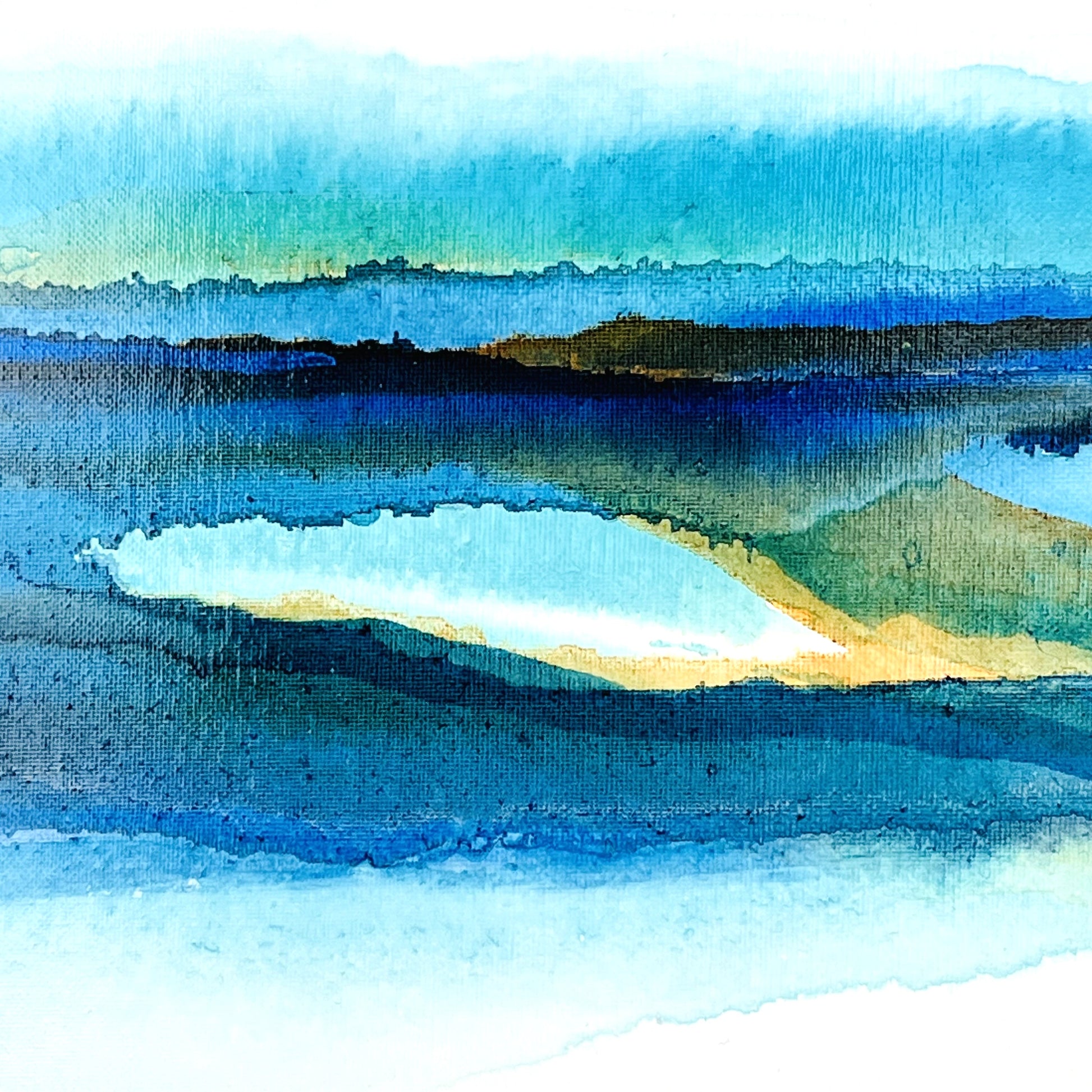 Abstract seascape painting in acrylic ink by Charlotte George, featuring fluid bands of turquoise, deep blue, and golden brown tones, evoking a serene horizon above shallow coastal waters. Titled ‘Shallow Waters VIII