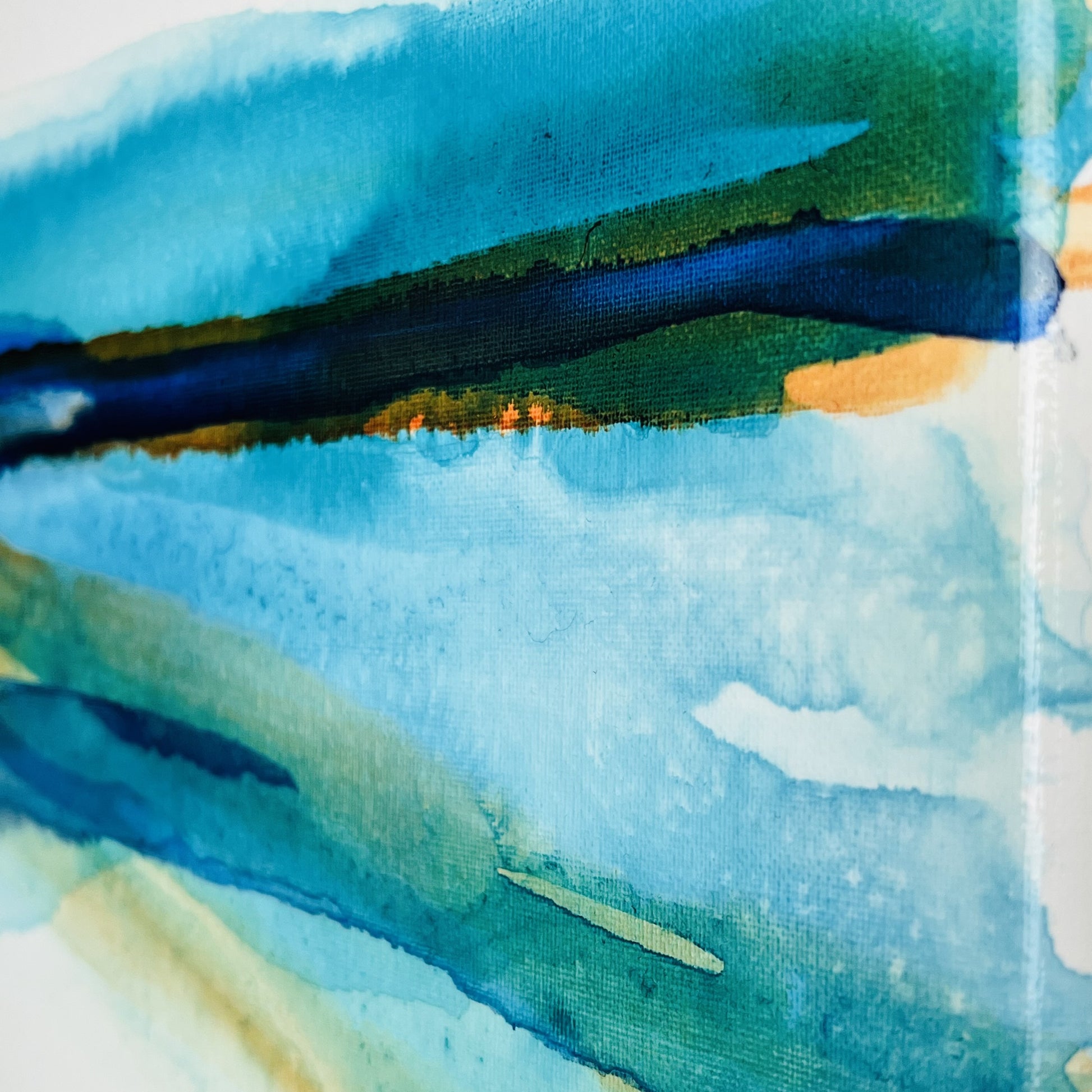 Abstract seascape painting in acrylic ink by Charlotte George, featuring fluid bands of turquoise, deep blue, and golden brown tones, evoking a serene horizon above shallow coastal waters. Titled ‘Shallow Waters VIII