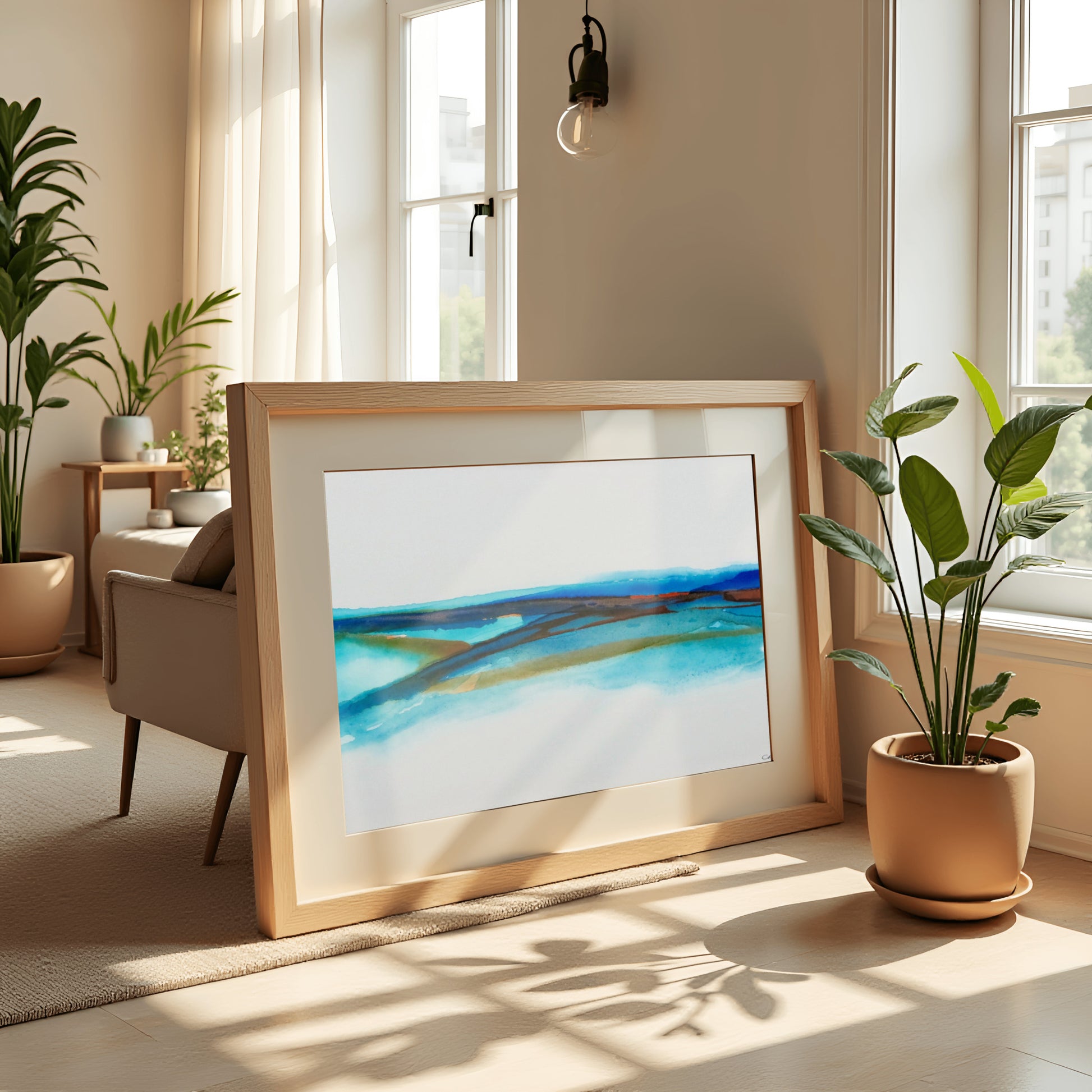 Abstract ink painting with sweeping blue and earth-toned layers evoking a modern coastal seascape