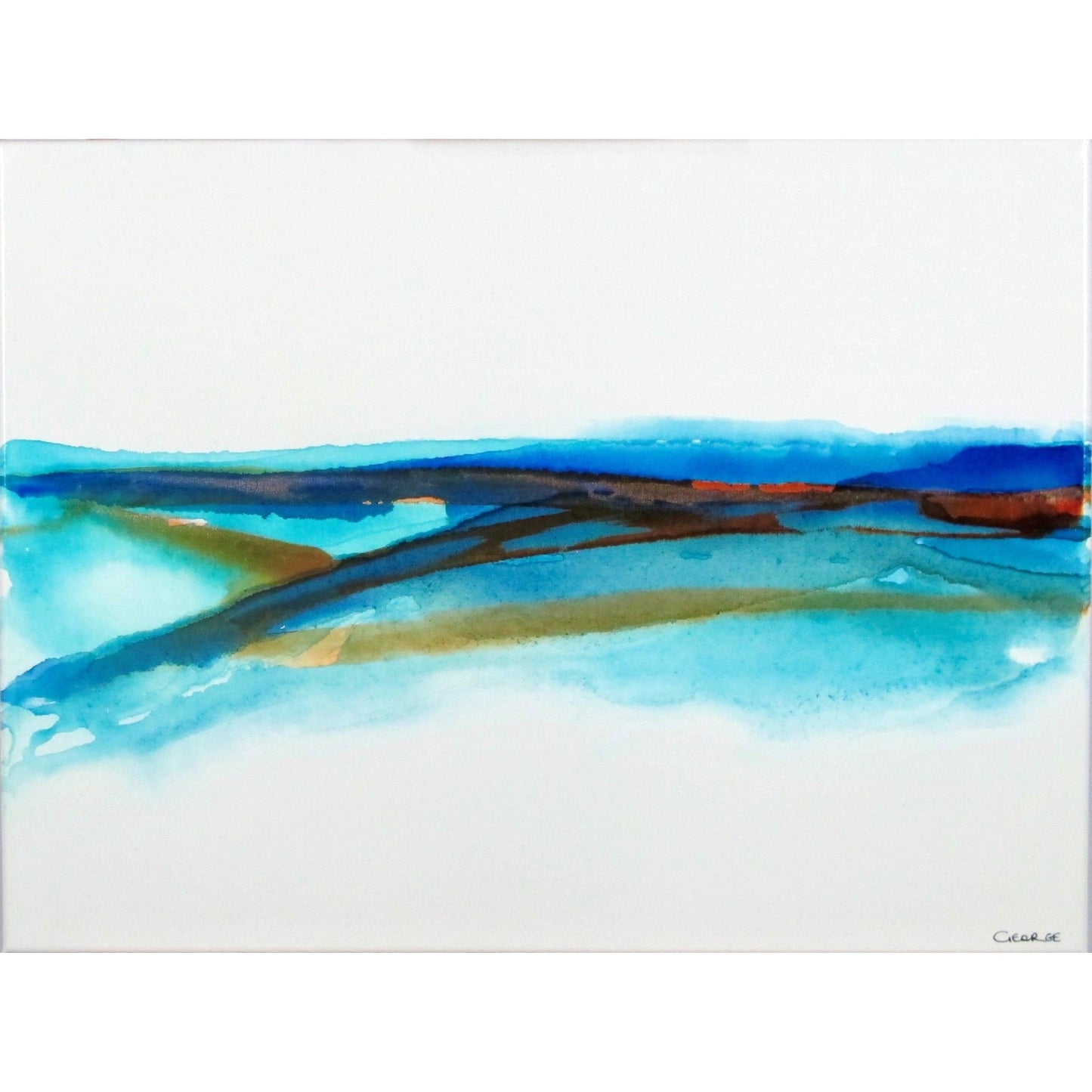 Abstract ink painting with sweeping blue and earth-toned layers evoking a modern coastal seascape