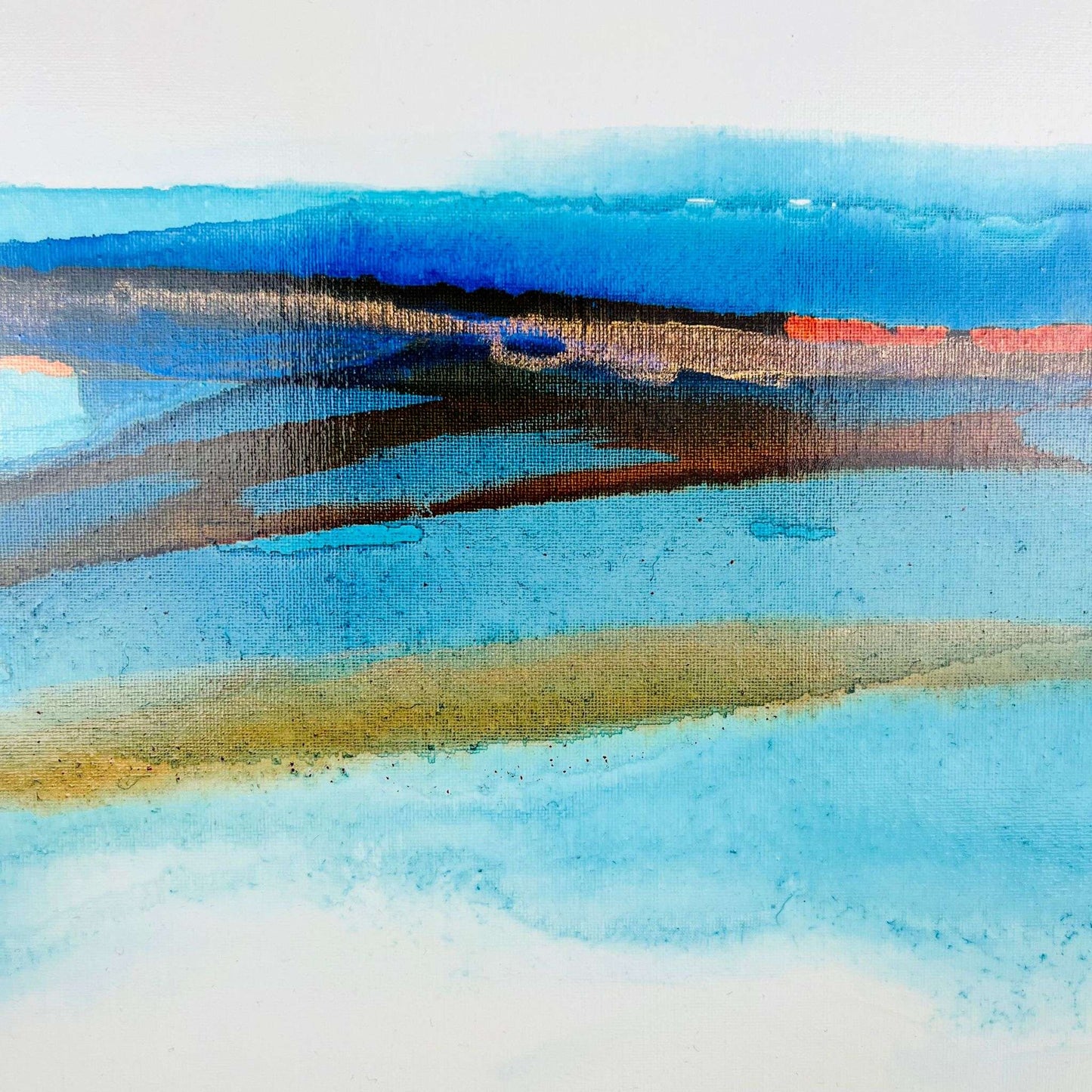 Abstract ink painting with sweeping blue and earth-toned layers evoking a modern coastal seascape