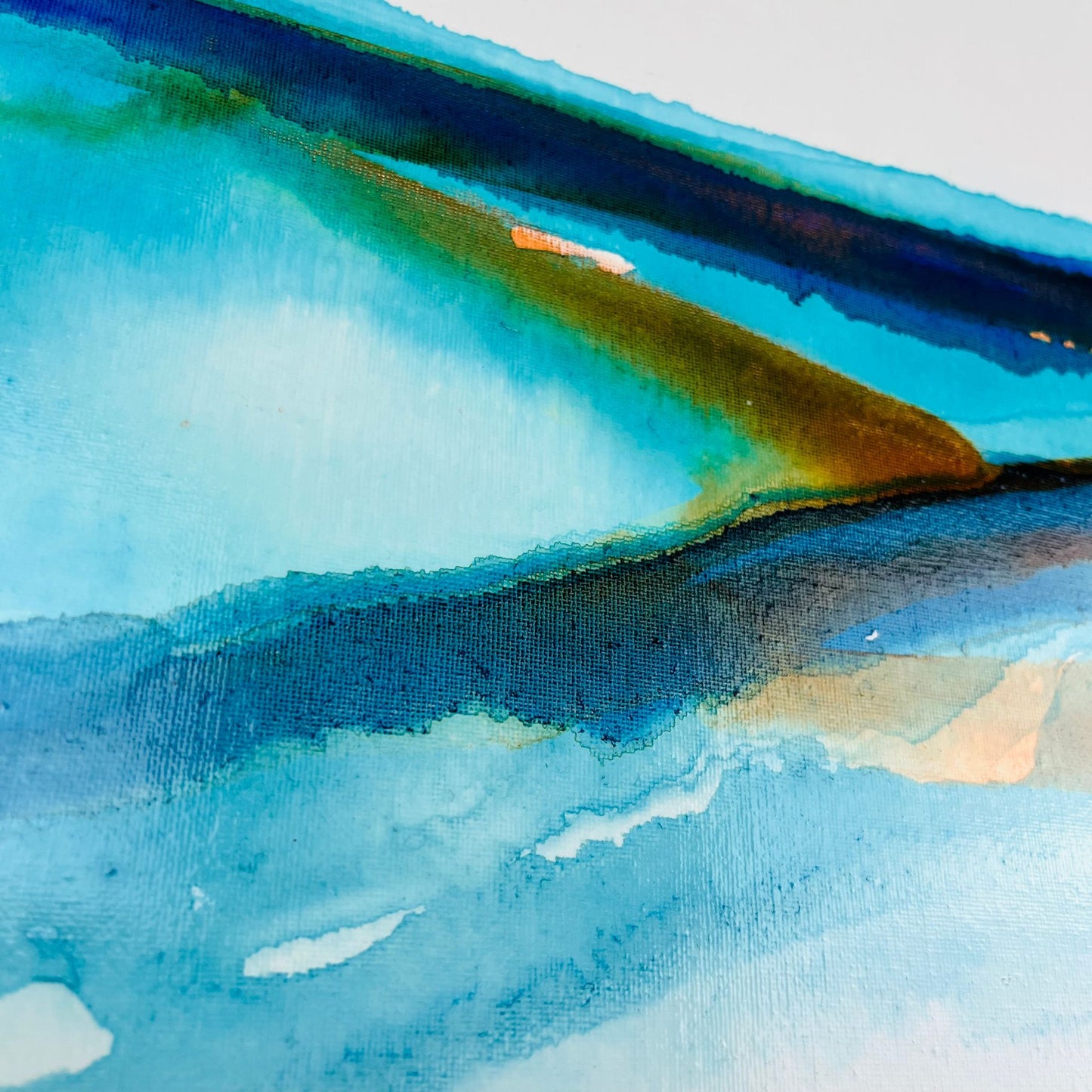 Abstract ink painting with sweeping blue and earth-toned layers evoking a modern coastal seascape