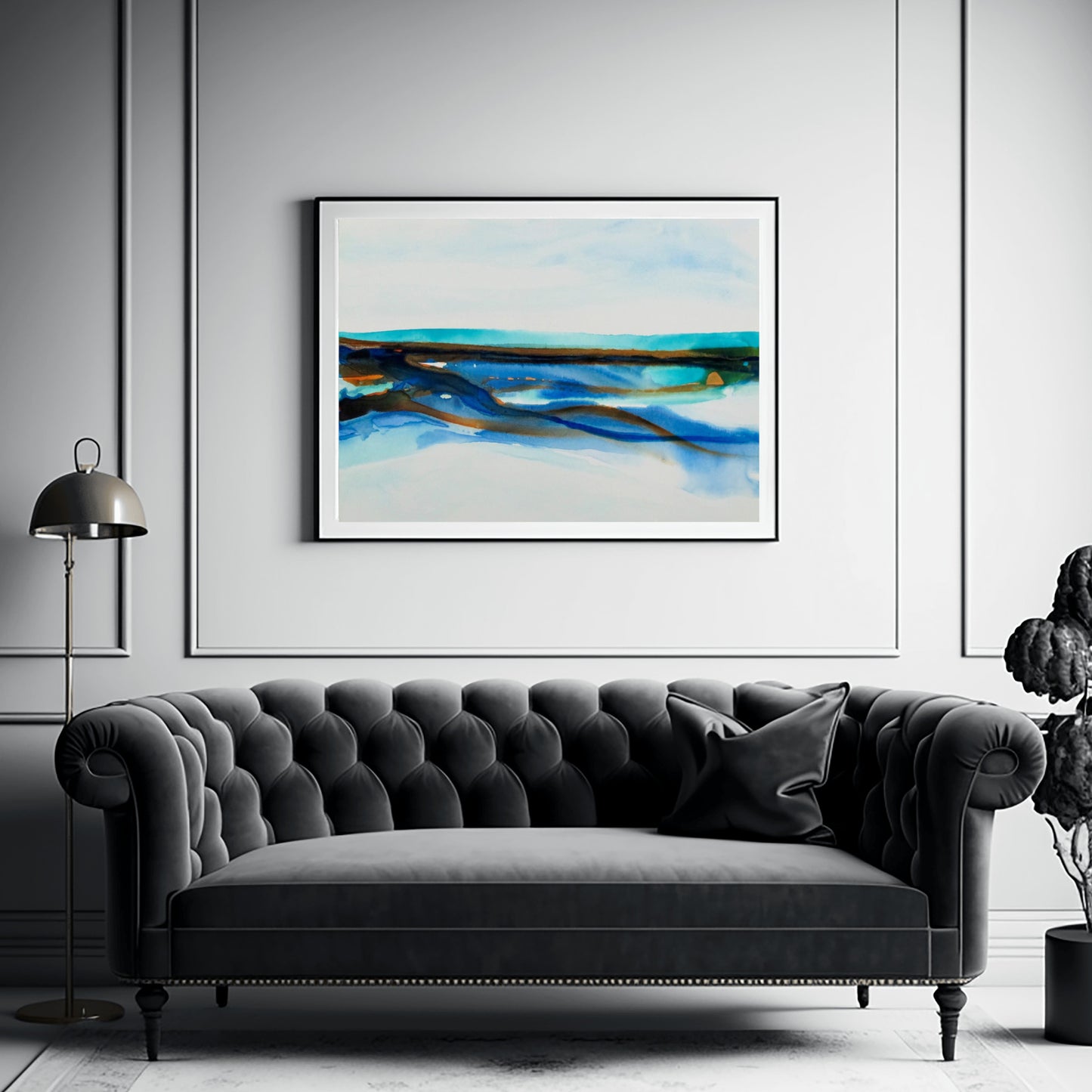 Abstract seascape with fluid blue and brown ink layers, evoking tide pools and coastal textures