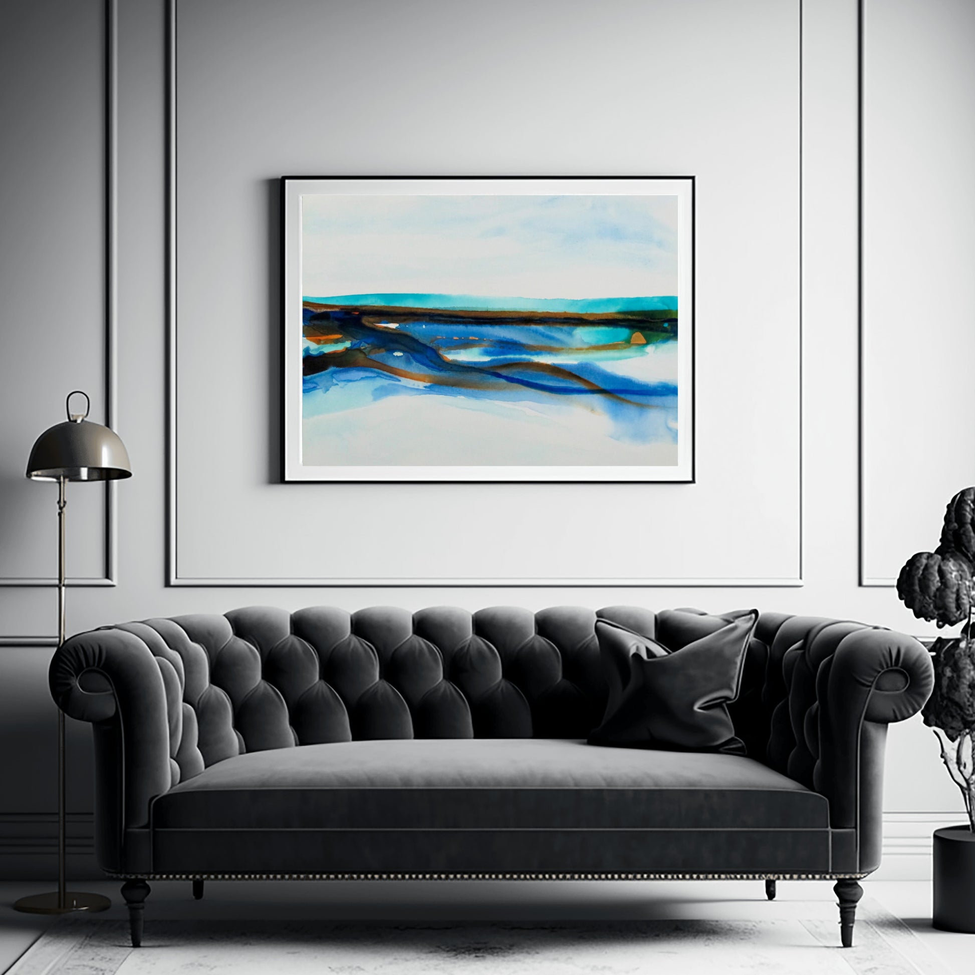 Abstract seascape with fluid blue and brown ink layers, evoking tide pools and coastal textures