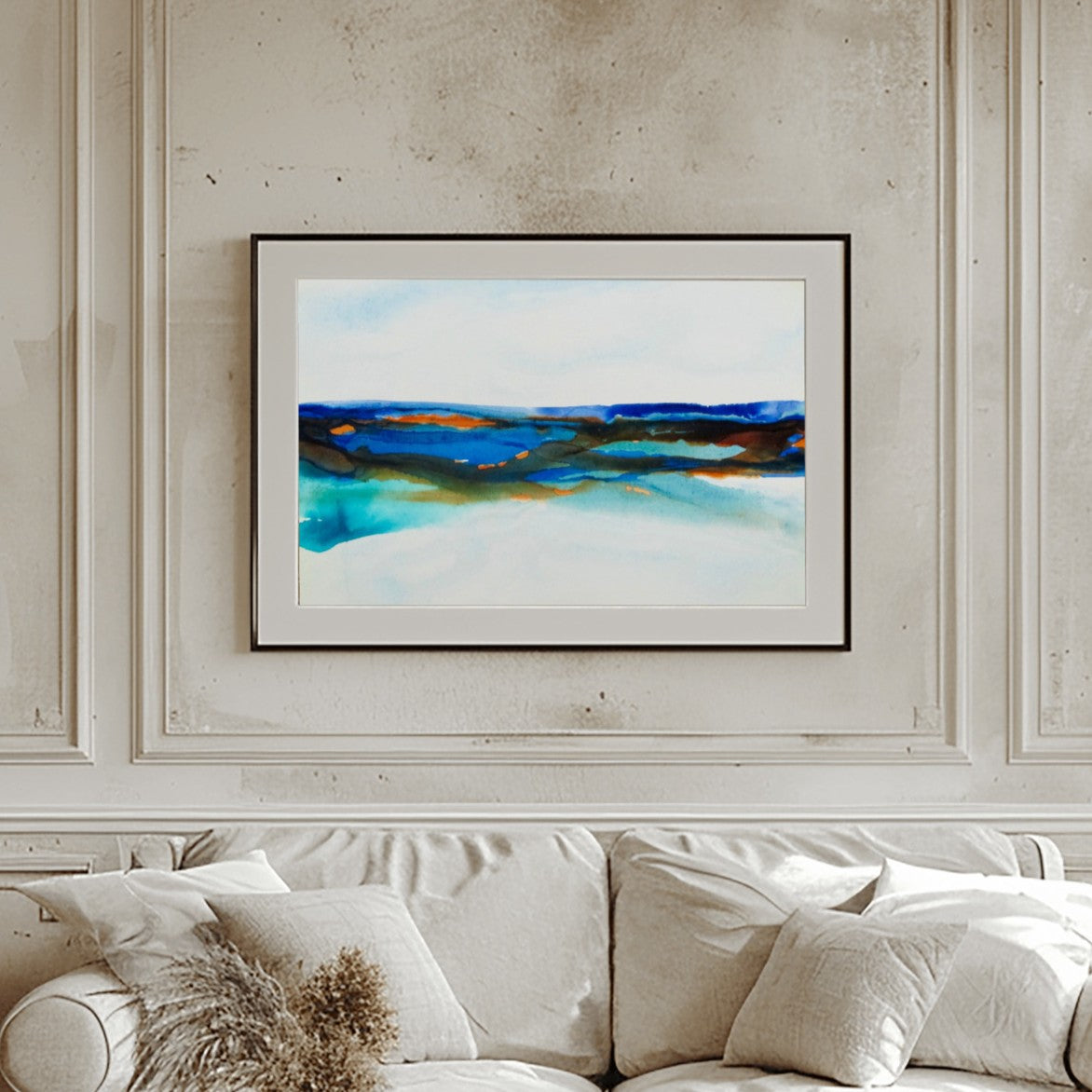 Medium abstract ocean-themed painting with vibrant blue, turquoise, and earthy layers suggesting shoreline and waves