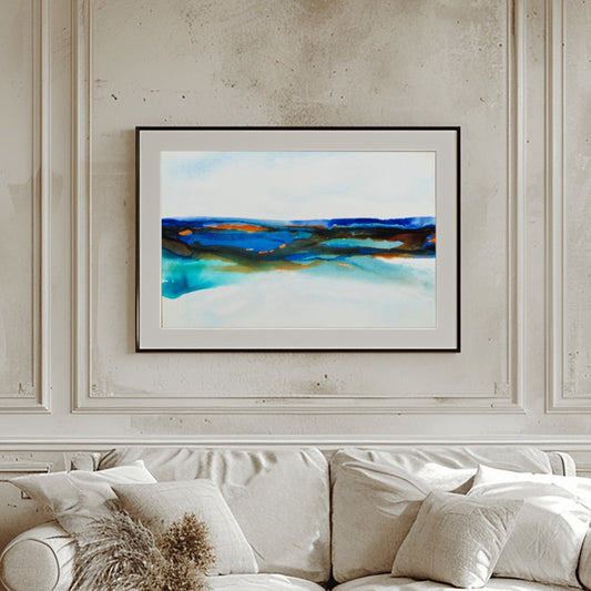 Medium abstract ocean-themed painting with vibrant blue, turquoise, and earthy layers suggesting shoreline and waves