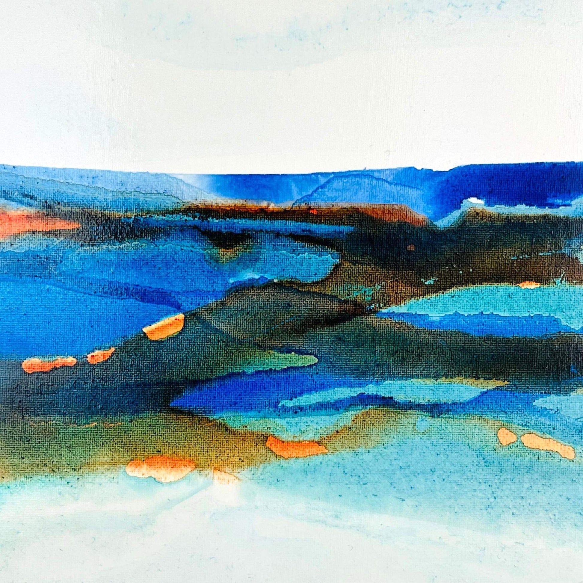 Medium abstract ocean-themed painting with vibrant blue, turquoise, and earthy layers suggesting shoreline and waves
