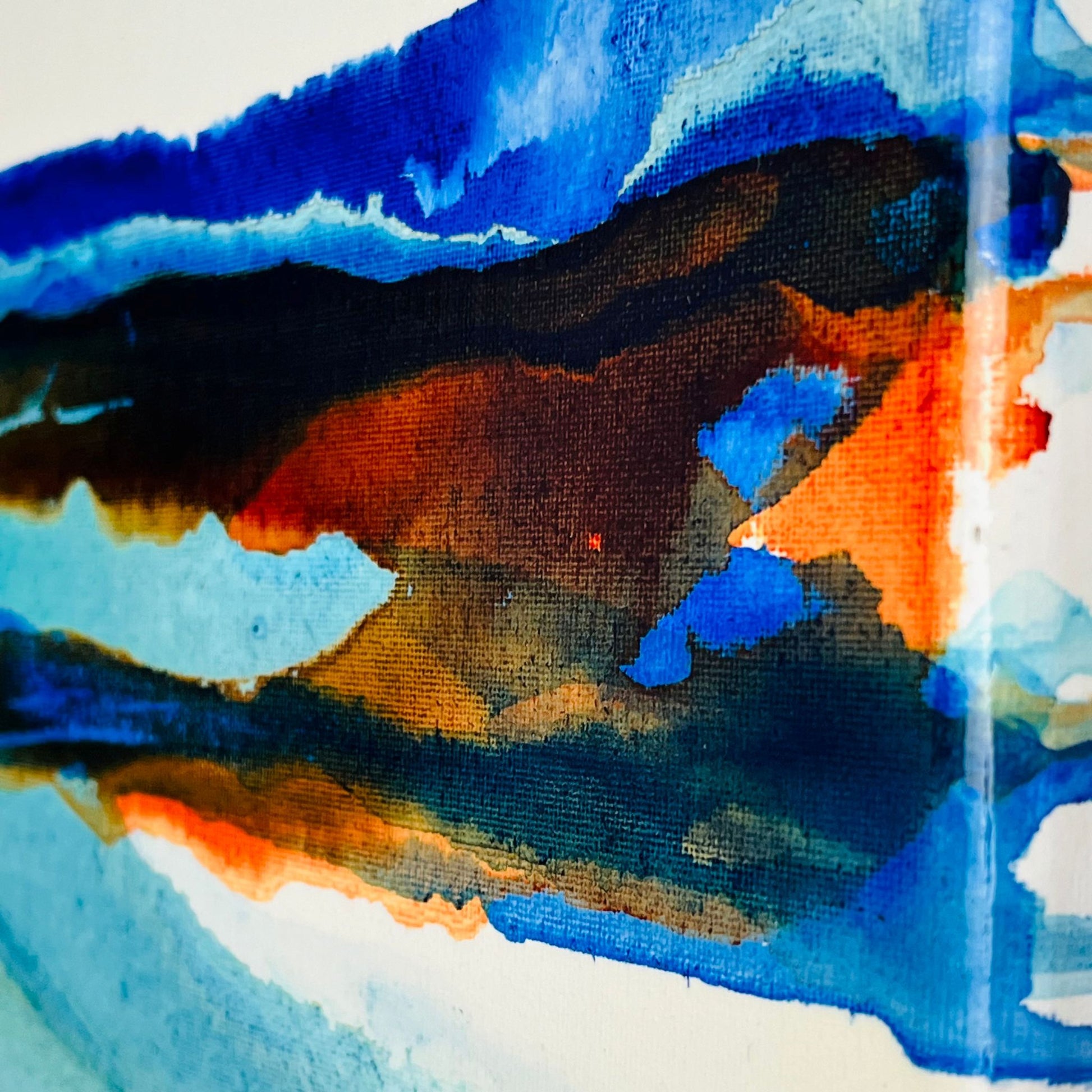 Medium abstract ocean-themed painting with vibrant blue, turquoise, and earthy layers suggesting shoreline and waves