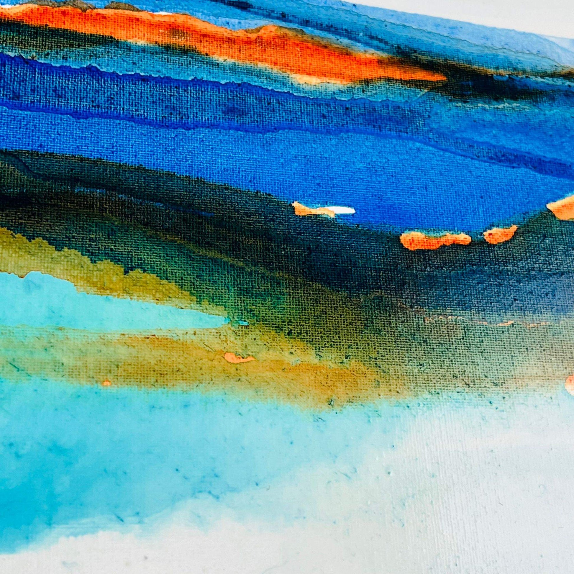 Medium abstract ocean-themed painting with vibrant blue, turquoise, and earthy layers suggesting shoreline and waves