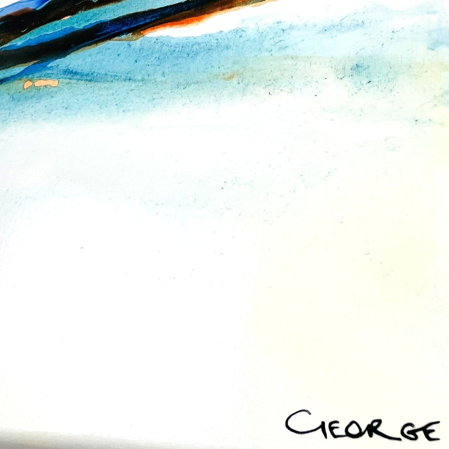Medium abstract ocean-themed painting with vibrant blue, turquoise, and earthy layers suggesting shoreline and waves