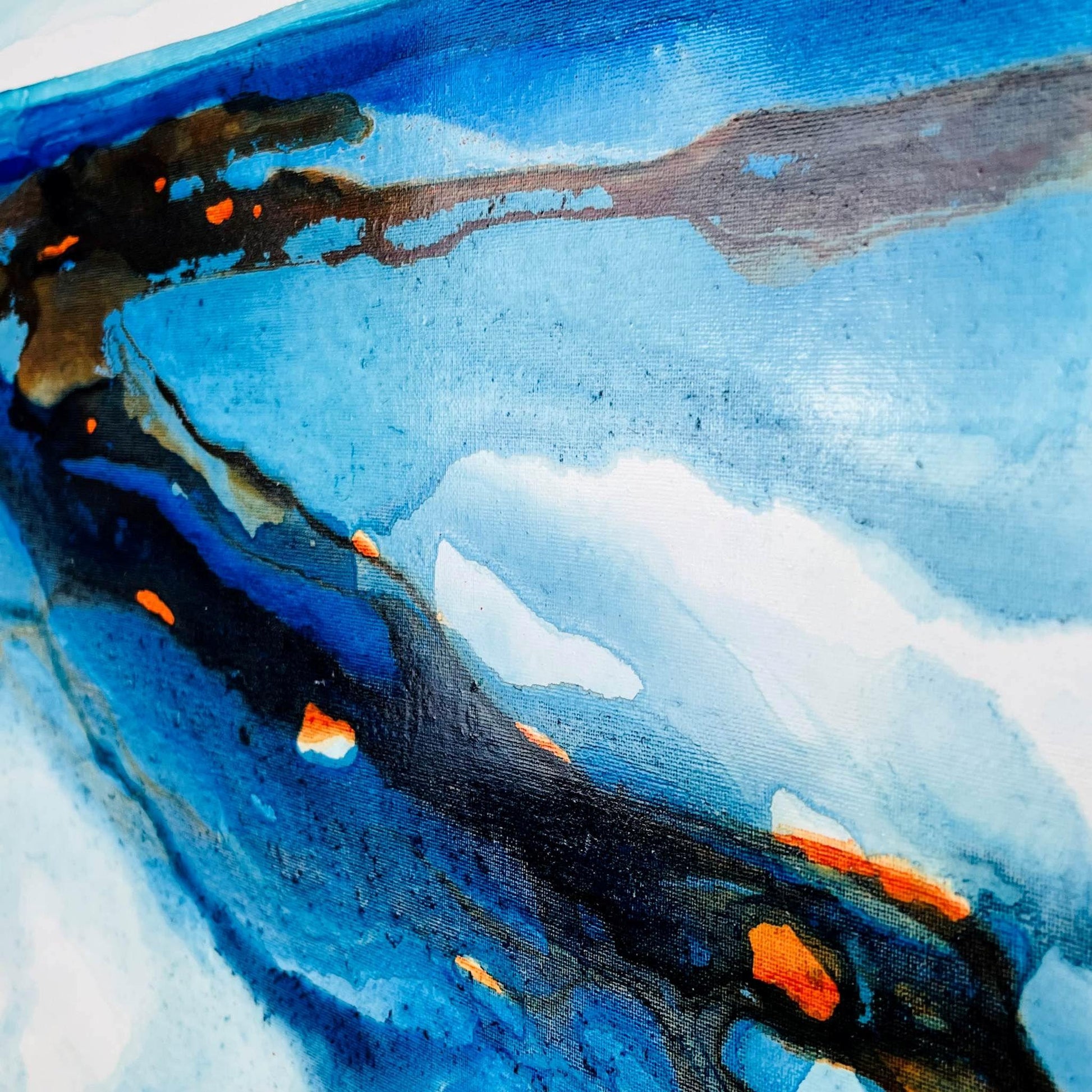 Acrylic ink paintings with layered aquas and sandy copper tones, inspired by wind and dune patterns