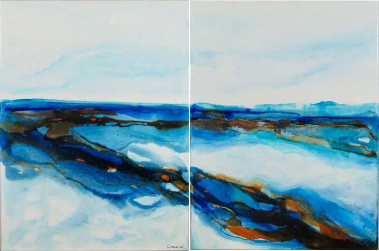 Acrylic ink painting with layered aquas and sandy copper tones, inspired by wind and dune patterns