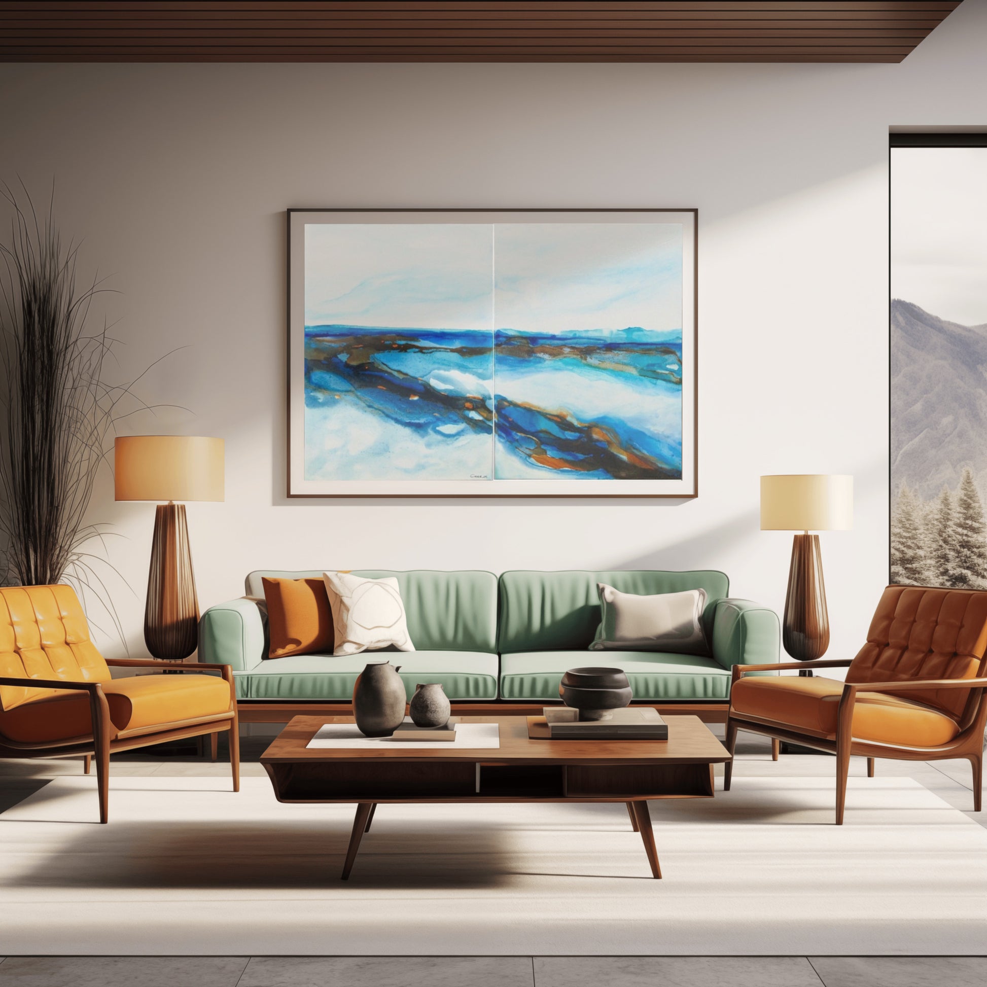 Acrylic ink paintings with layered aquas and sandy copper tones, inspired by wind and dune patterns
