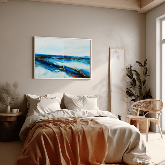 Acrylic ink paintings with layered aquas and sandy copper tones, inspired by wind and dune patterns