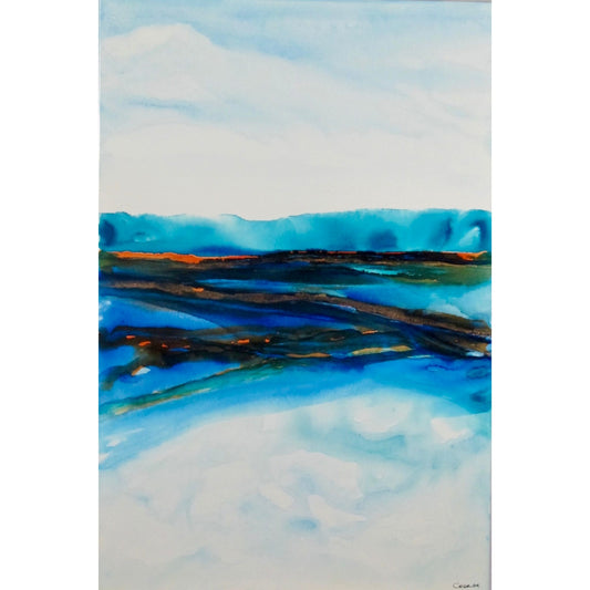 Fluid ocean-inspired artwork with bold turquoise and earth tones in acrylic ink on canvas by Charlotte George Artist