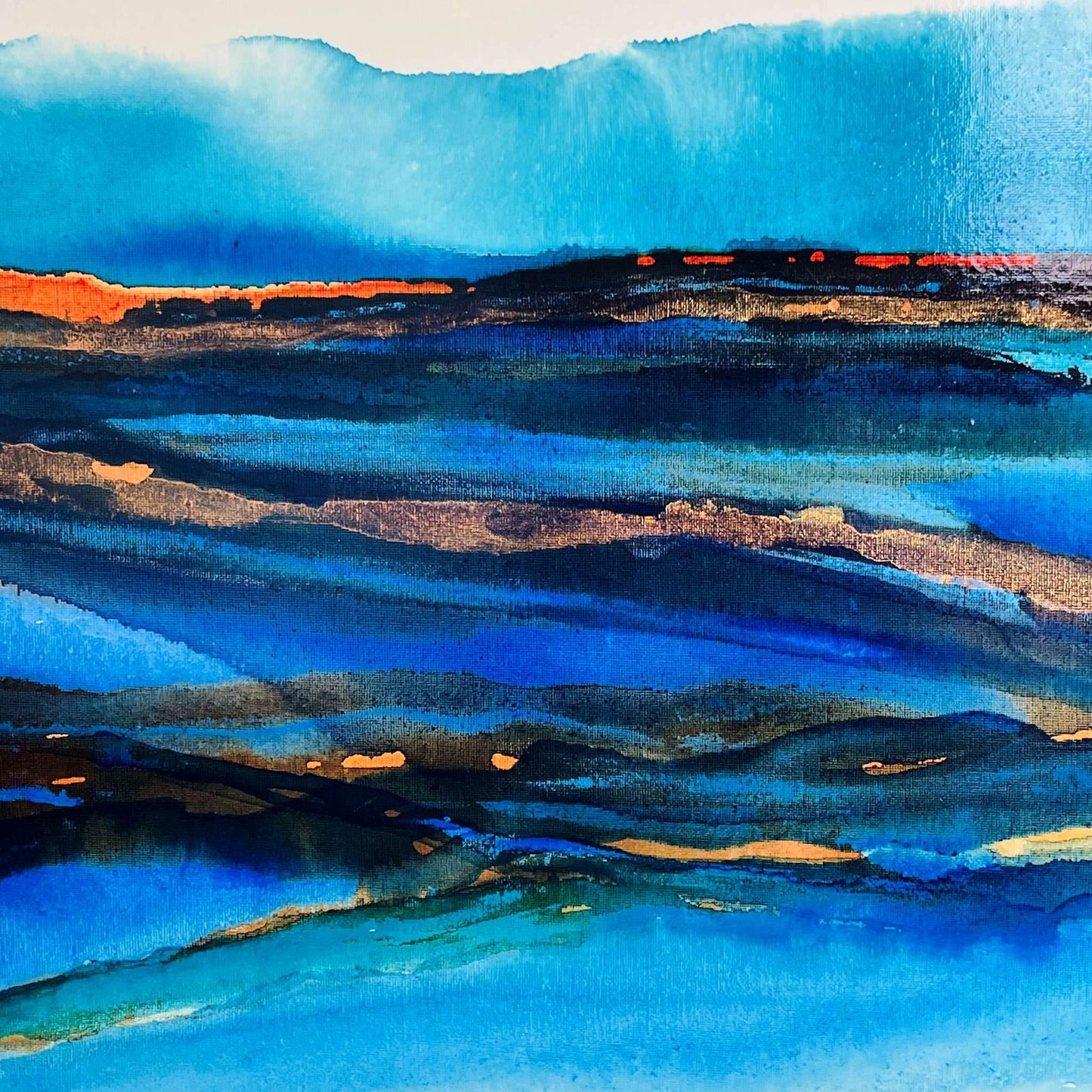 Fluid ocean-inspired artwork with bold turquoise and earth tones in acrylic ink on canvas by Charlotte George Artist
