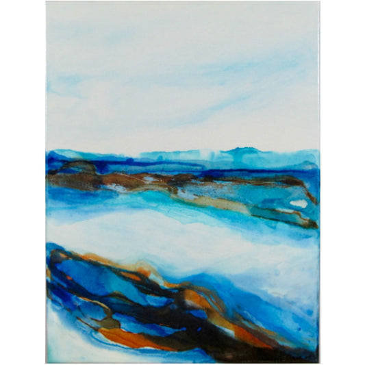 Acrylic ink paintings with layered aquas and sandy copper tones, inspired by wind and dune patterns