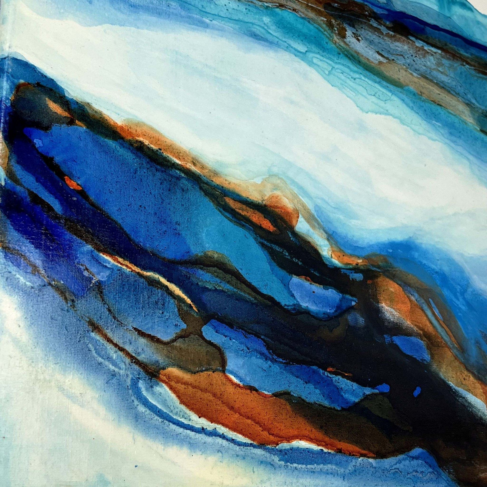 Acrylic ink paintings with layered aquas and sandy copper tones, inspired by wind and dune patterns
