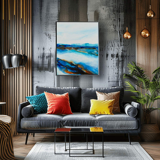 Acrylic ink paintings with layered aquas and sandy copper tones, inspired by wind and dune patterns