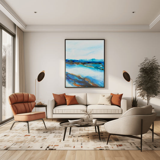 Waterline IV abstract seascape print by Charlotte George in soft blue, beige, and white with gentle fluidity