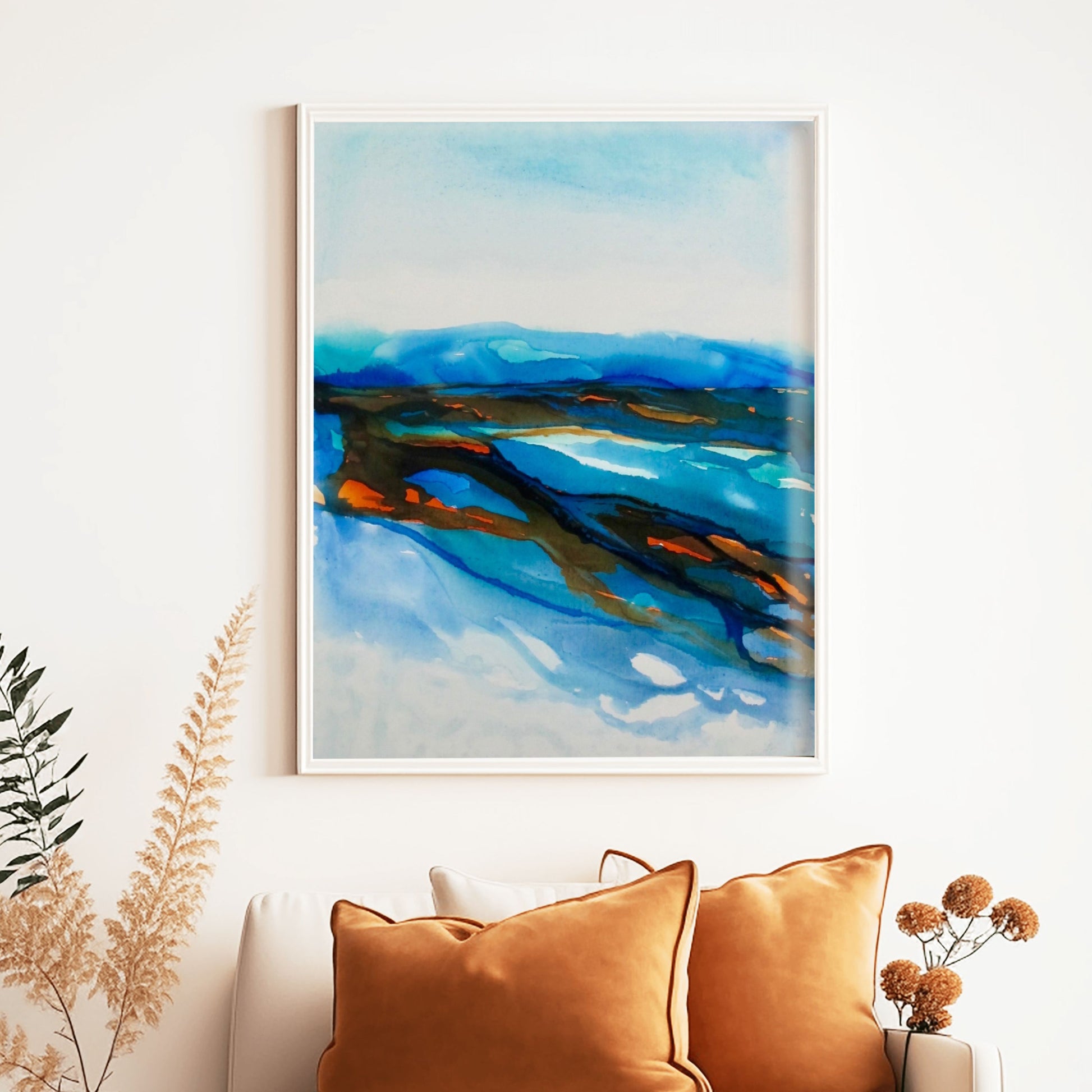 Abstract coastal painting in blue and amber ink by Charlotte George Artist, evoking the movement of low tide