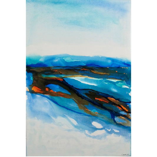 Abstract coastal painting in blue and amber ink by Charlotte George Artist, evoking the movement of low tide
