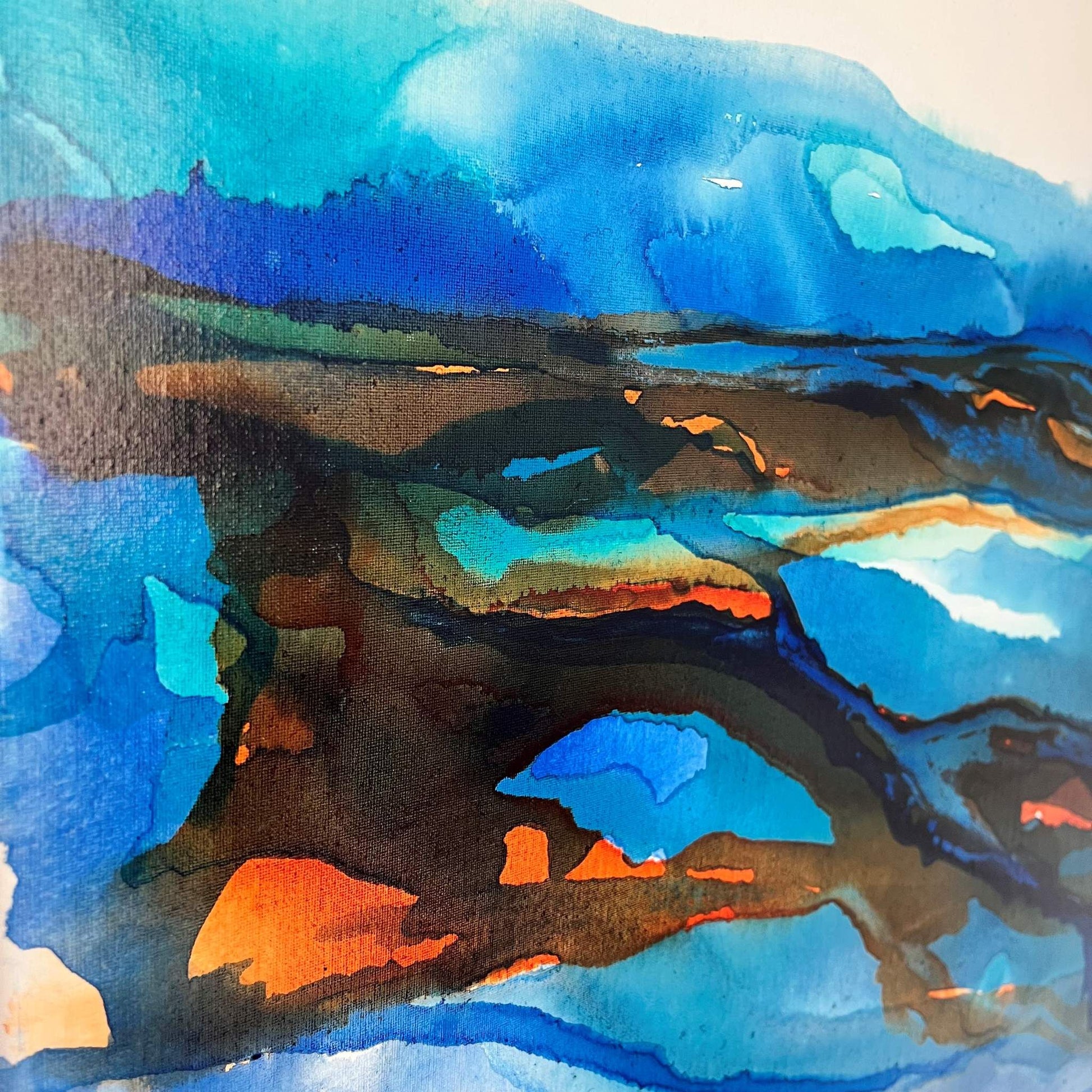Abstract coastal painting in blue and amber ink by Charlotte George Artist, evoking the movement of low tide