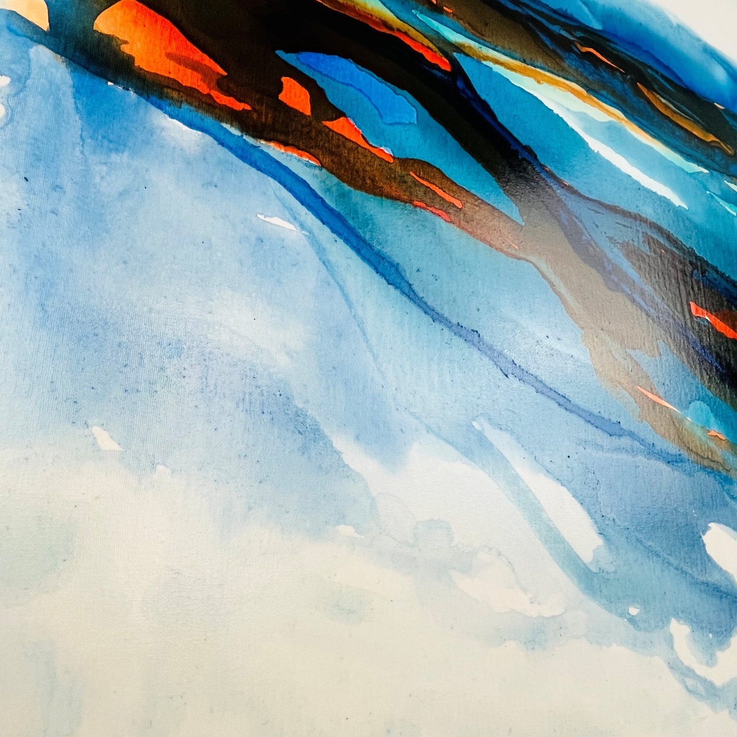 Abstract coastal painting in blue and amber ink by Charlotte George Artist, evoking the movement of low tide