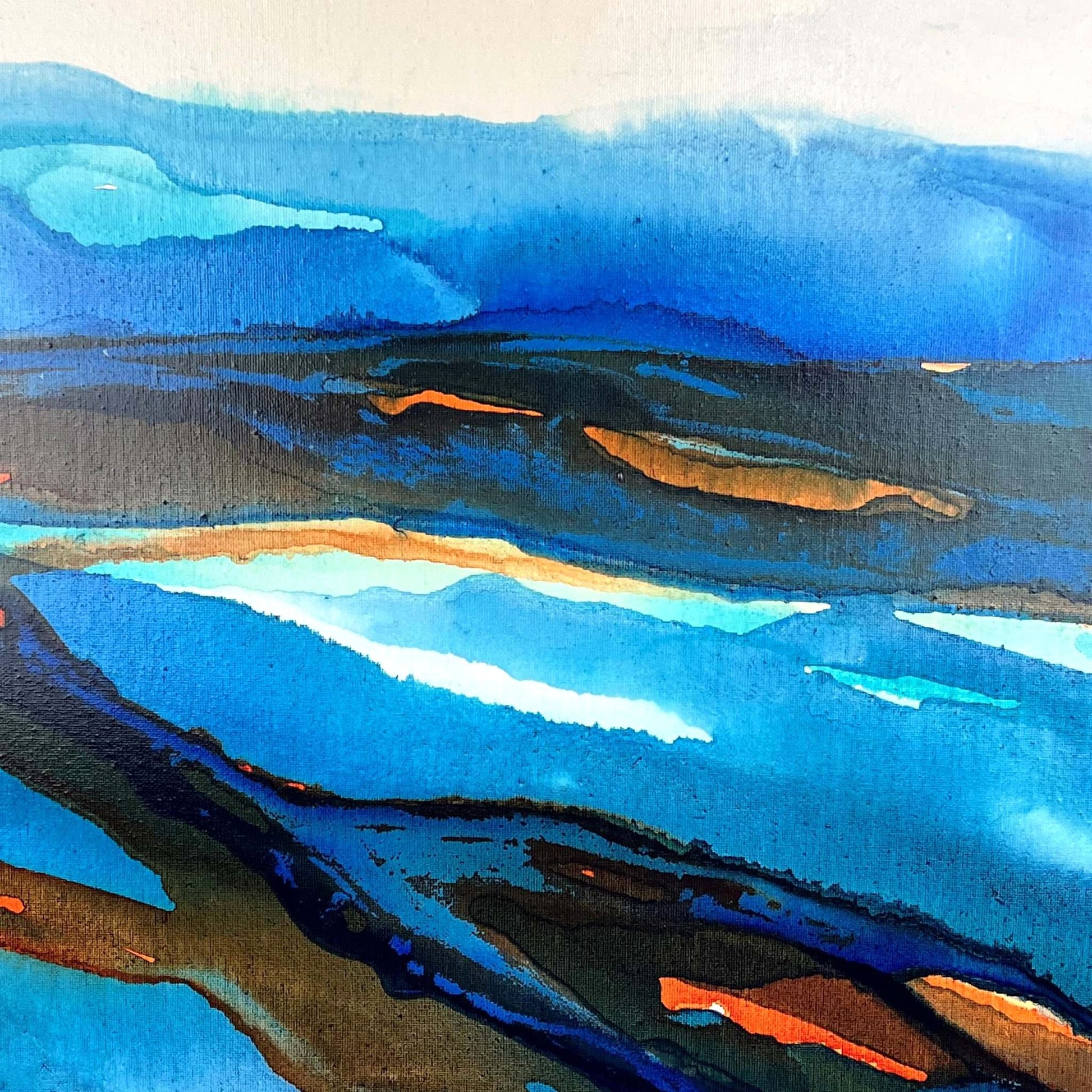 Abstract coastal painting in blue and amber ink by Charlotte George Artist, evoking the movement of low tide