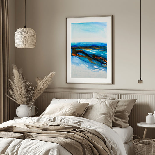 Waterline I fine art print by Charlotte George, with minimalist abstract lines in fluid blue and soft neutrals