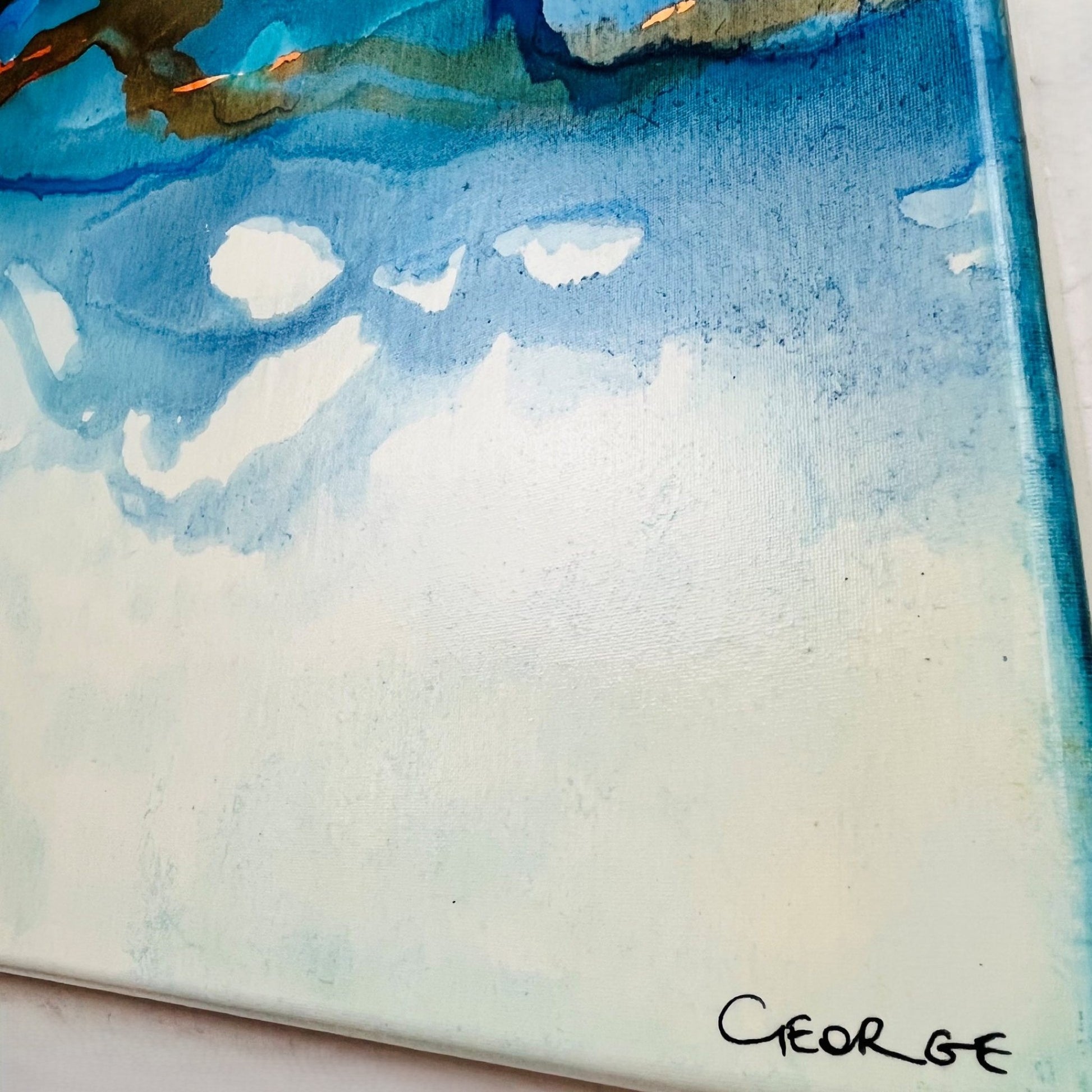 Abstract coastal painting in blue and amber ink by Charlotte George Artist, evoking the movement of low tide