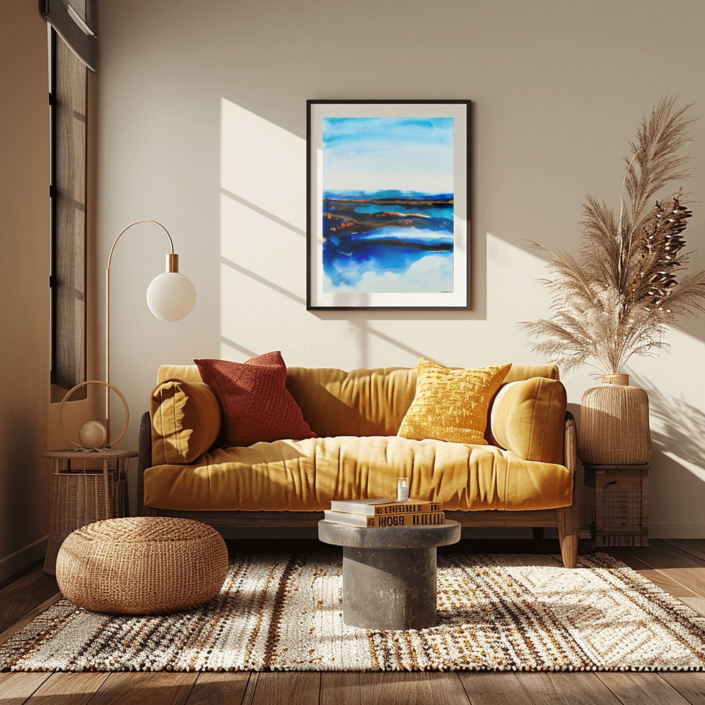 Dreamlike abstract landscape in blue and beige hues, capturing the horizon between sea and sky