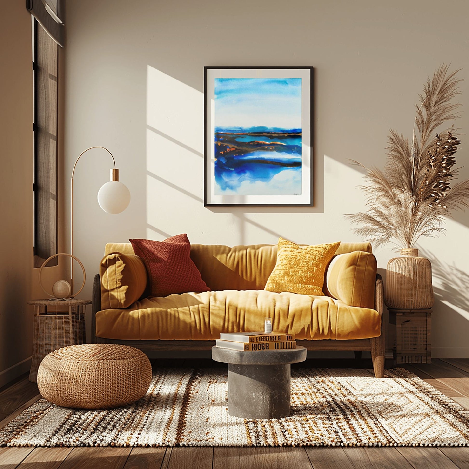 Dreamlike abstract landscape in blue and beige hues, capturing the horizon between sea and sky