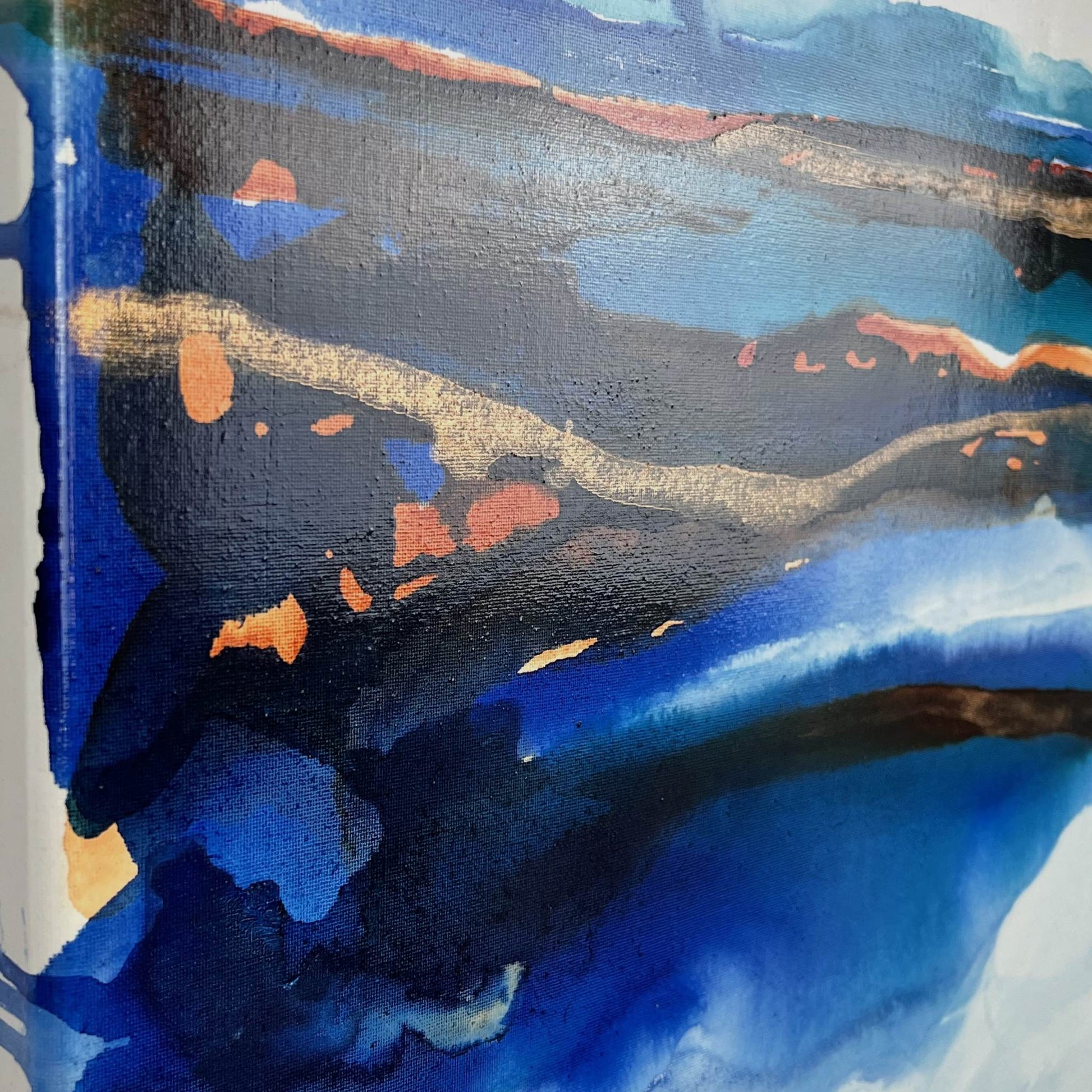 Dreamlike abstract landscape in blue and beige hues, capturing the horizon between sea and sky