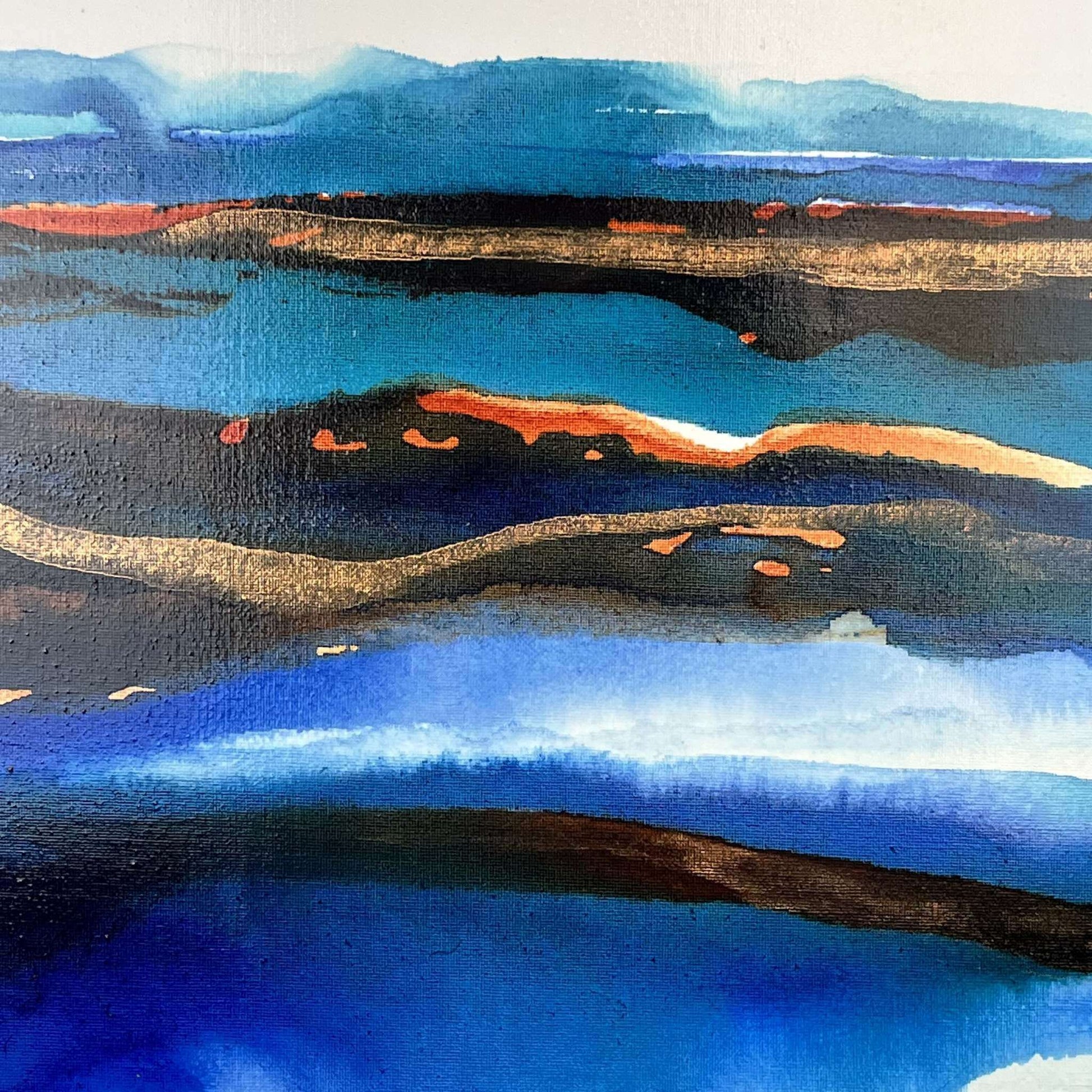Dreamlike abstract landscape in blue and beige hues, capturing the horizon between sea and sky