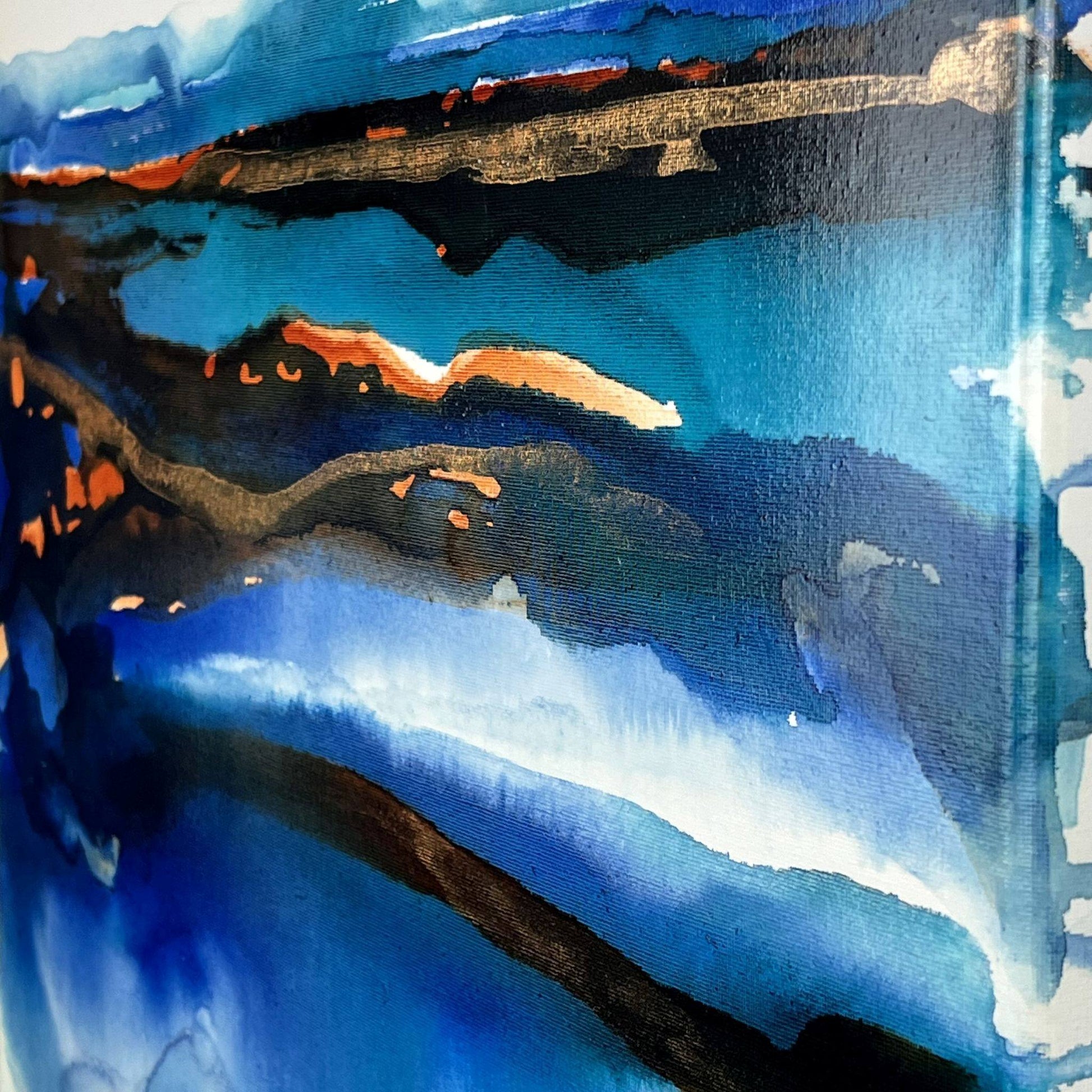 Dreamlike abstract landscape in blue and beige hues, capturing the horizon between sea and sky