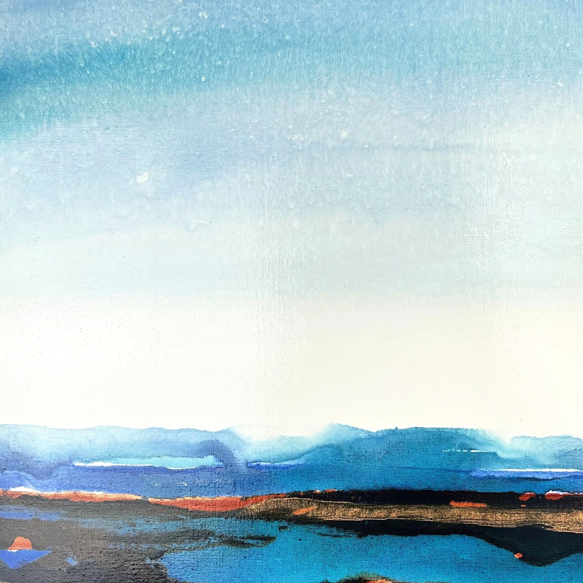 Dreamlike abstract landscape in blue and beige hues, capturing the horizon between sea and sky