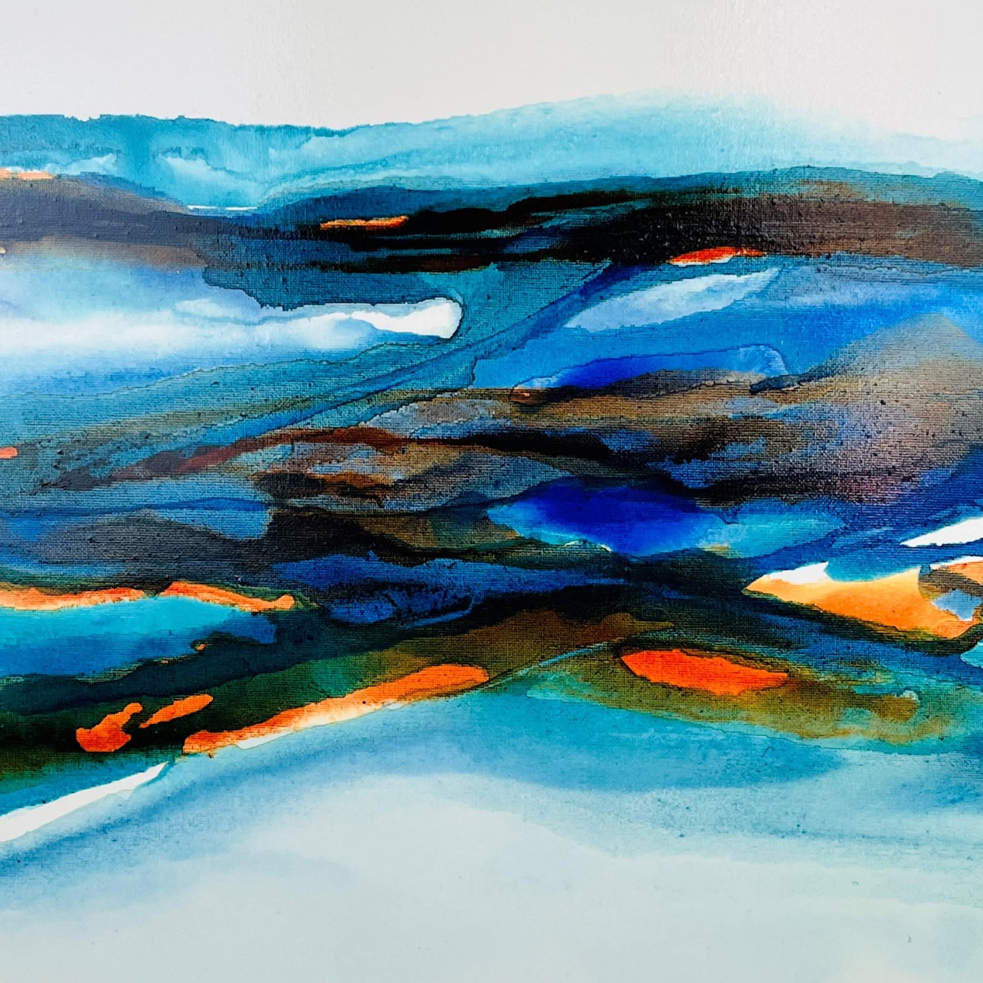 Calming abstract ink artwork with soft blues and whites, reflecting coastal light and sky on canvas