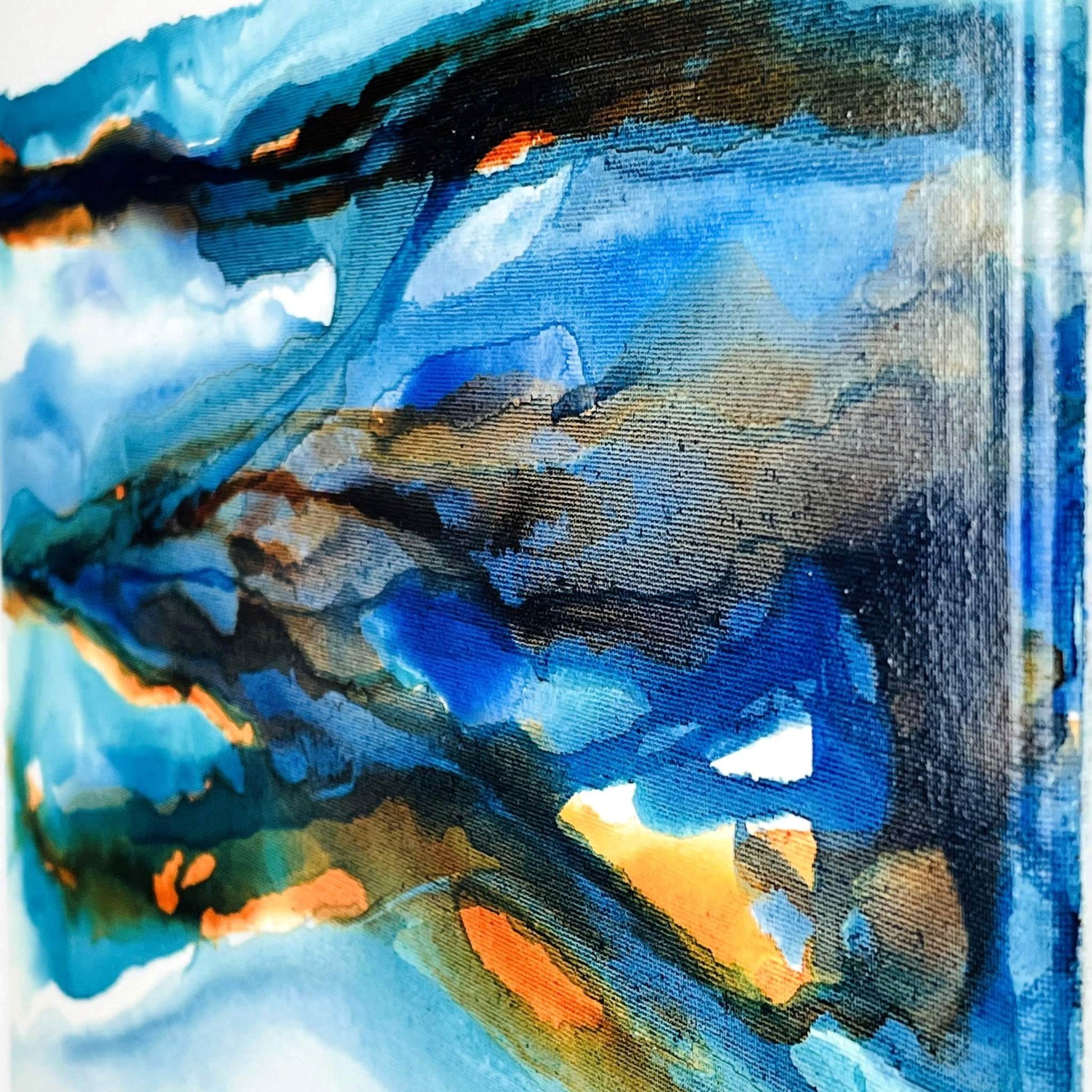 Calming abstract ink artwork with soft blues and whites, reflecting coastal light and sky on canvas