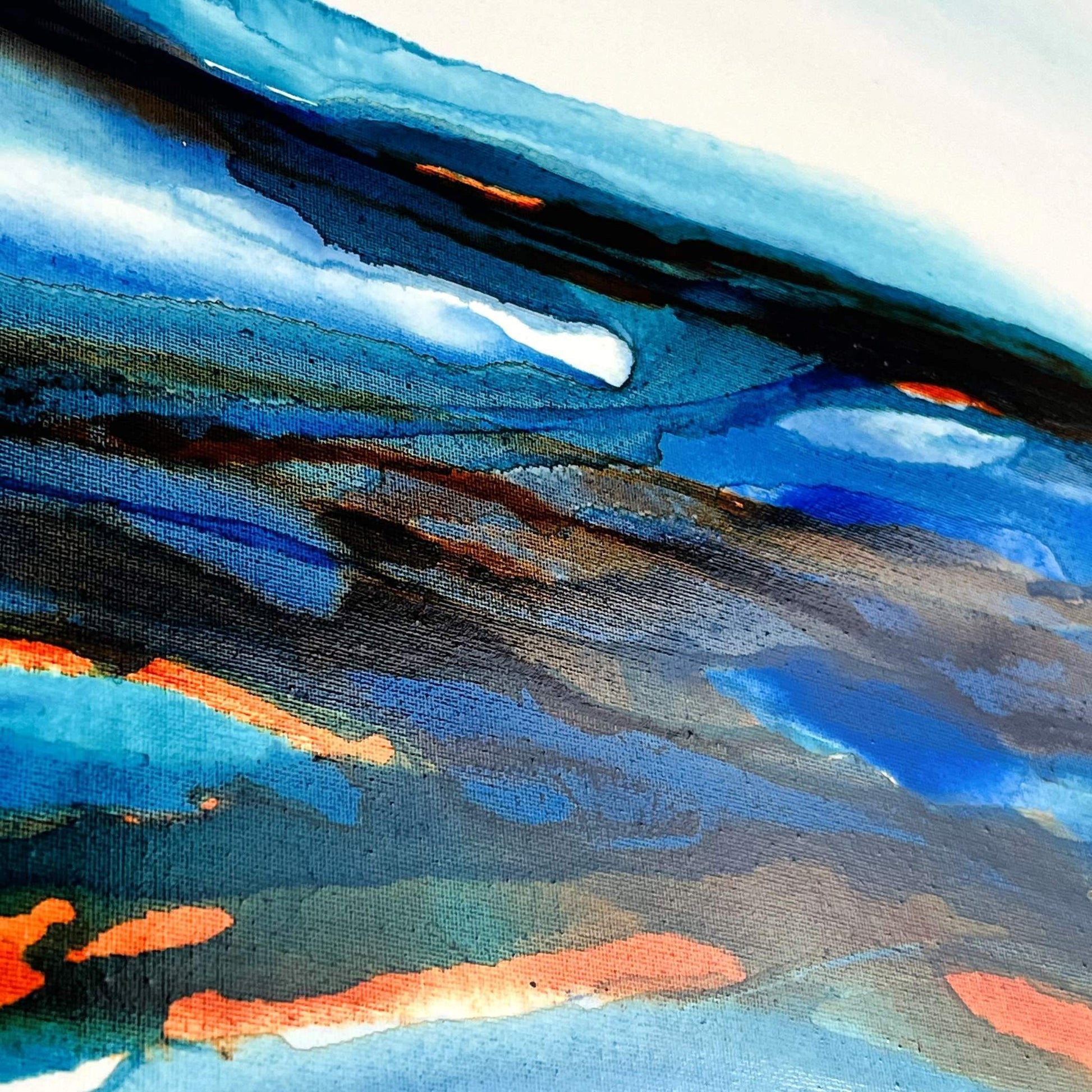 Calming abstract ink artwork with soft blues and whites, reflecting coastal light and sky on canvas