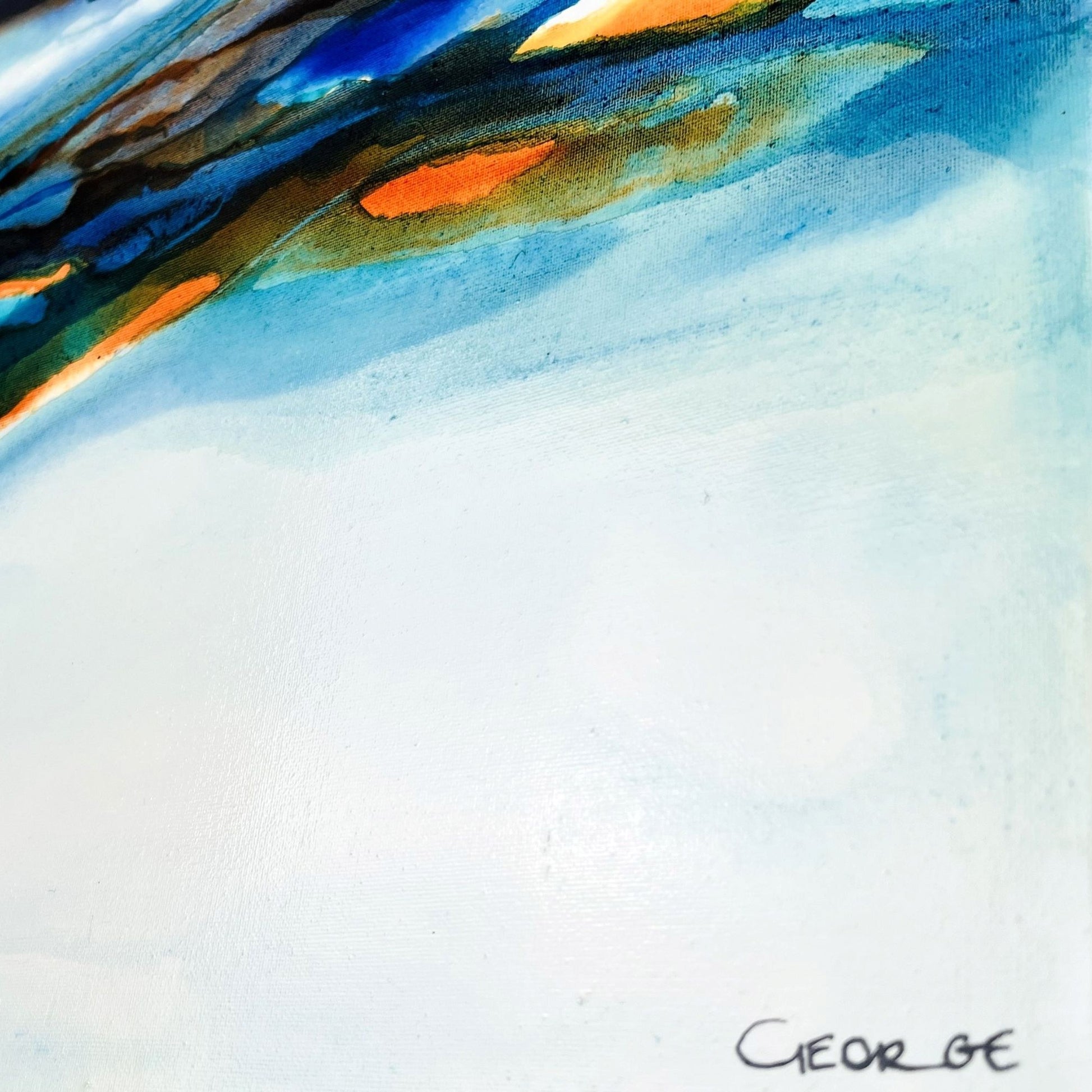 Calming abstract ink artwork with soft blues and whites, reflecting coastal light and sky on canvas